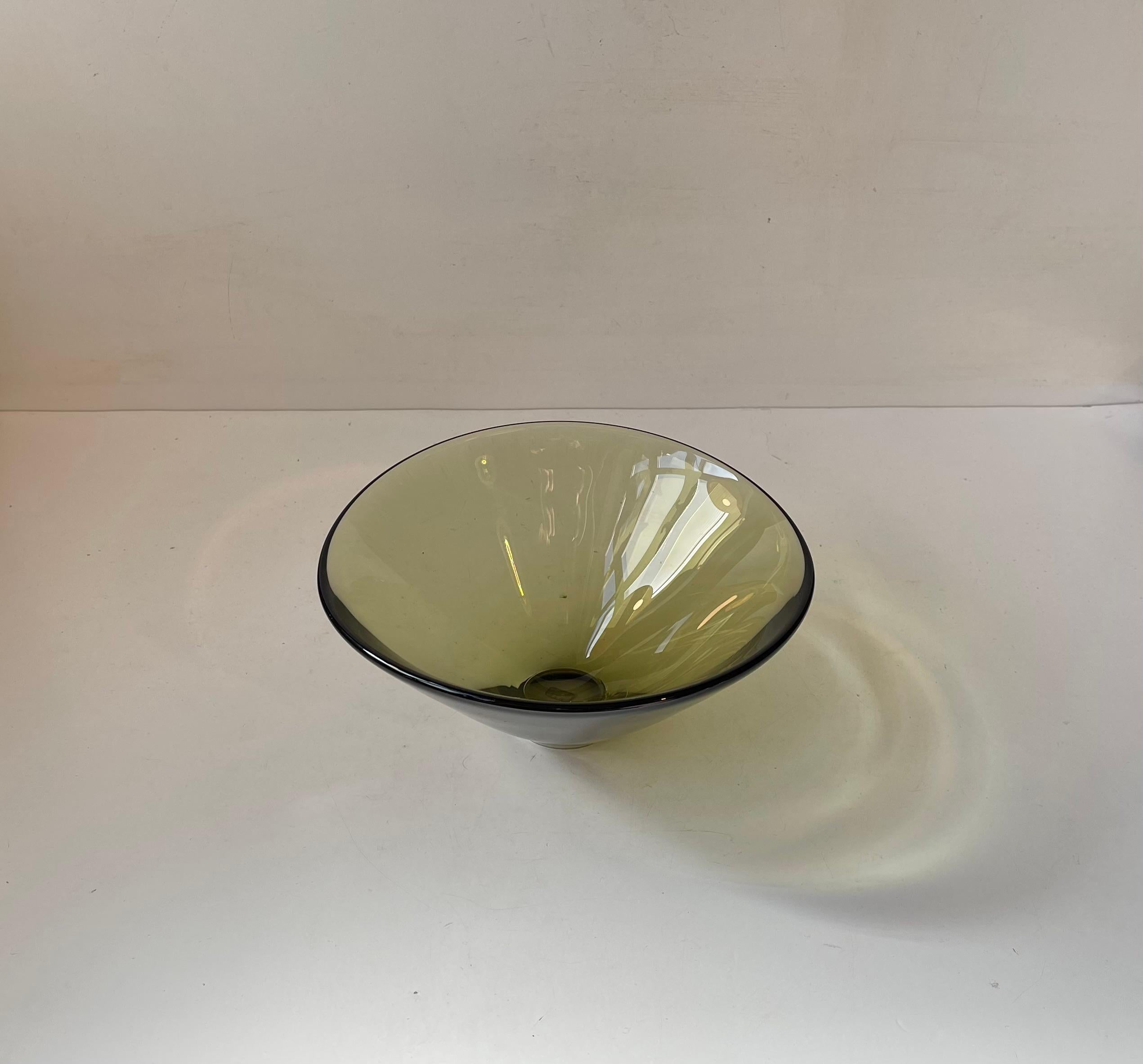 Danish Disko Olive Green Glass Bowl by Per Lutken for Holmegaard, Scandinavian - 1959