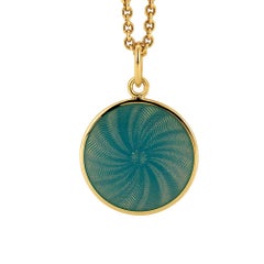 Round Diskos Pendant 18k Yellow Gold Opalescent Turquoise Guilloche Enamel 15 mm
