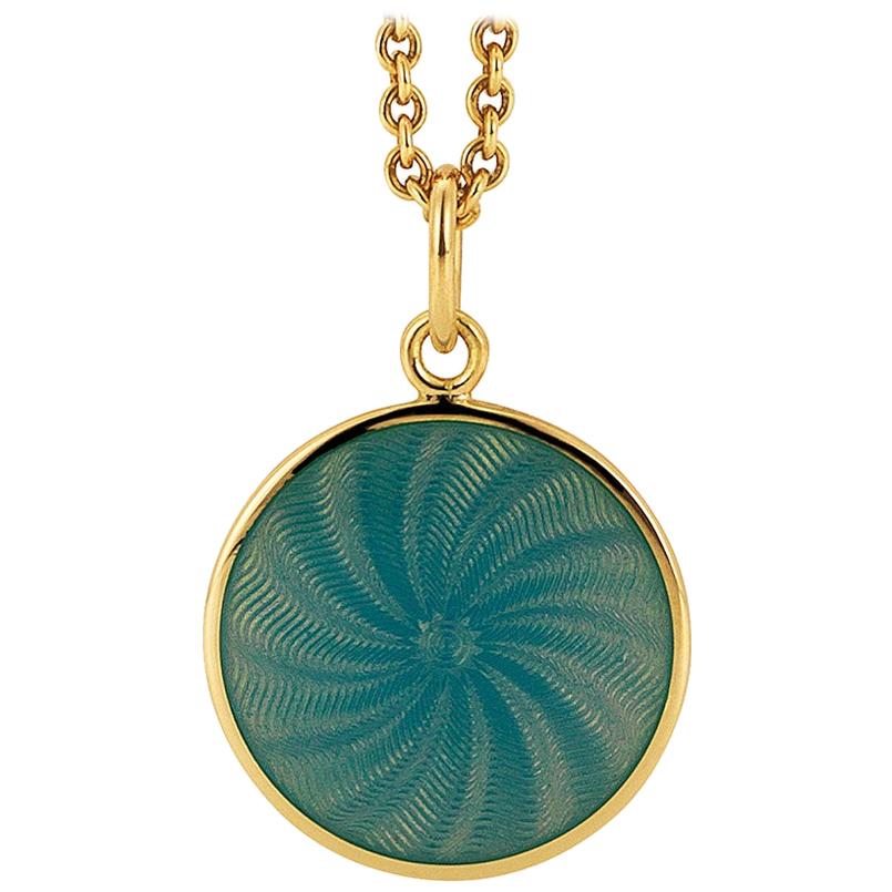 Round Diskos Pendant 18k Yellow Gold Opalescent Turquoise Guilloche Enamel 15 mm For Sale