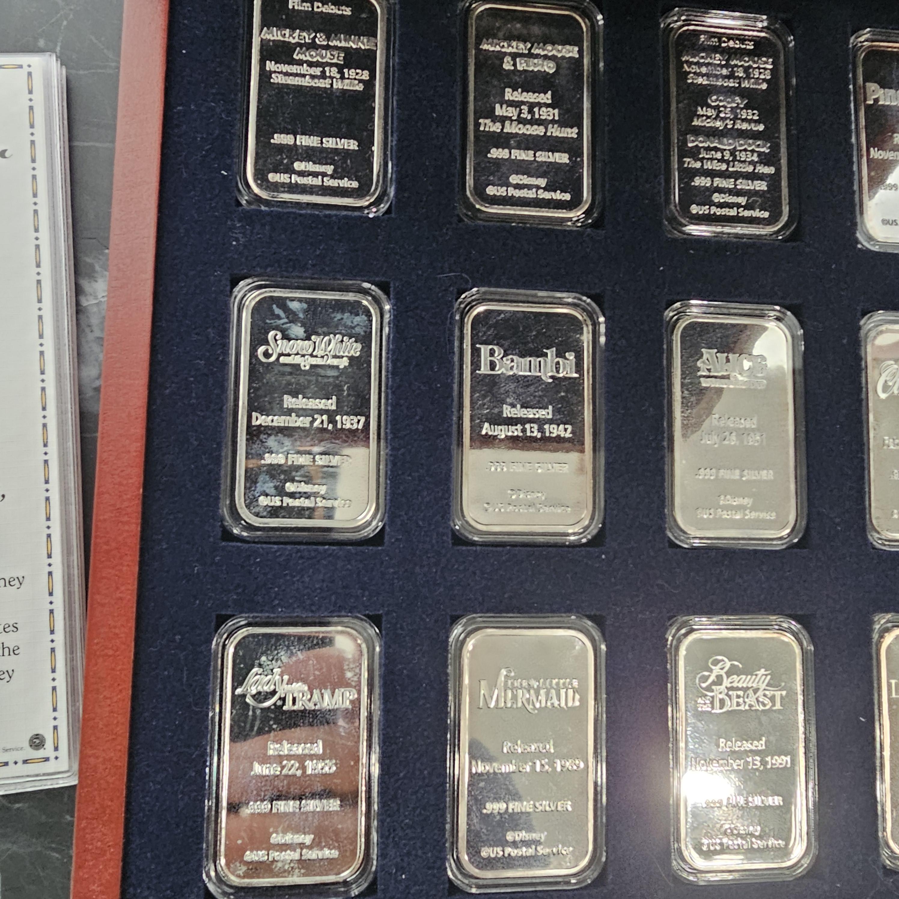 Disney 12oz 999 Silver Ingot Bar Enamel Box Set Mickey Mermaid Lion King Bambi Pour femmes en vente