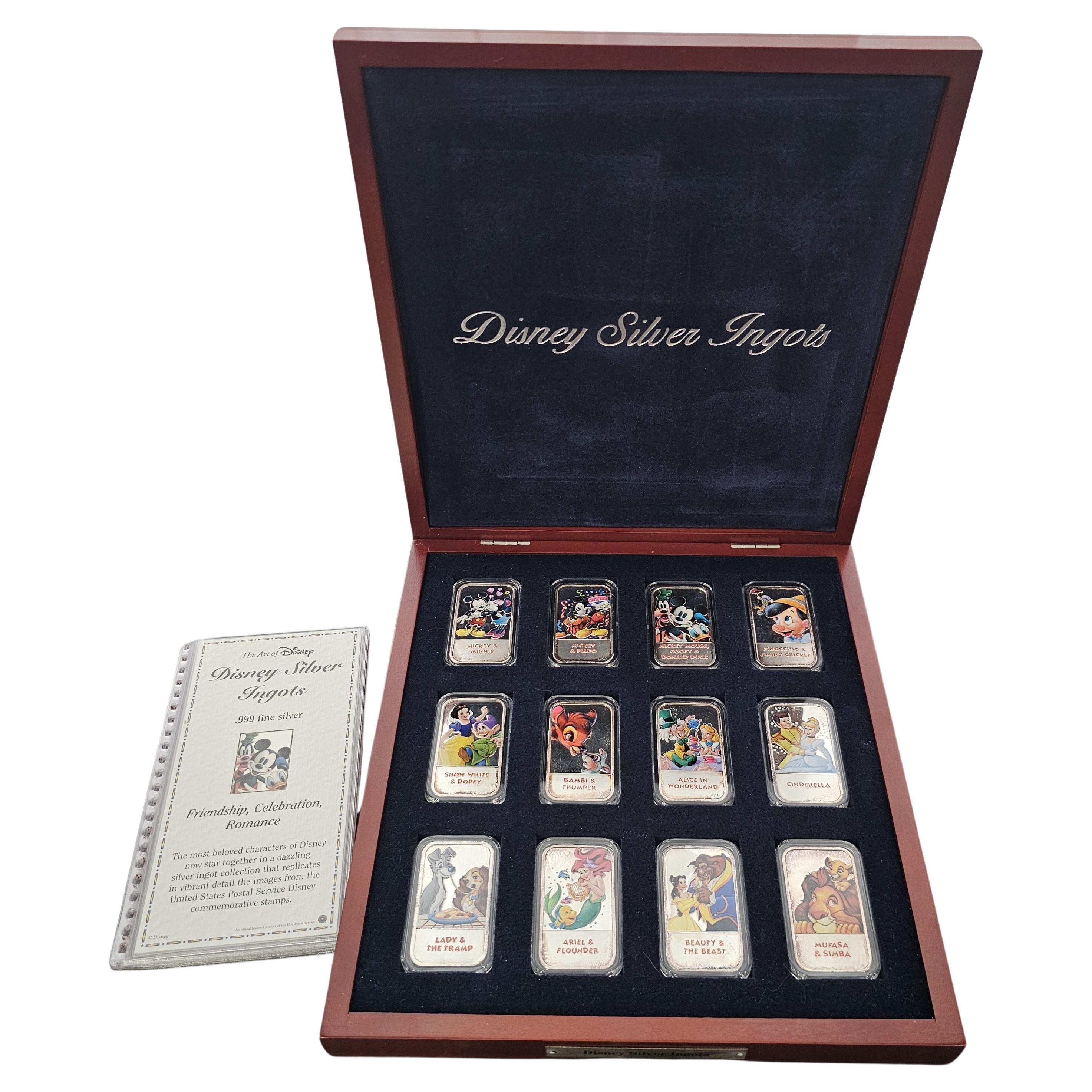Disney 12oz 999 Silver Ingot Bar Enamel Box Set Mickey Mermaid Lion King Bambi en vente