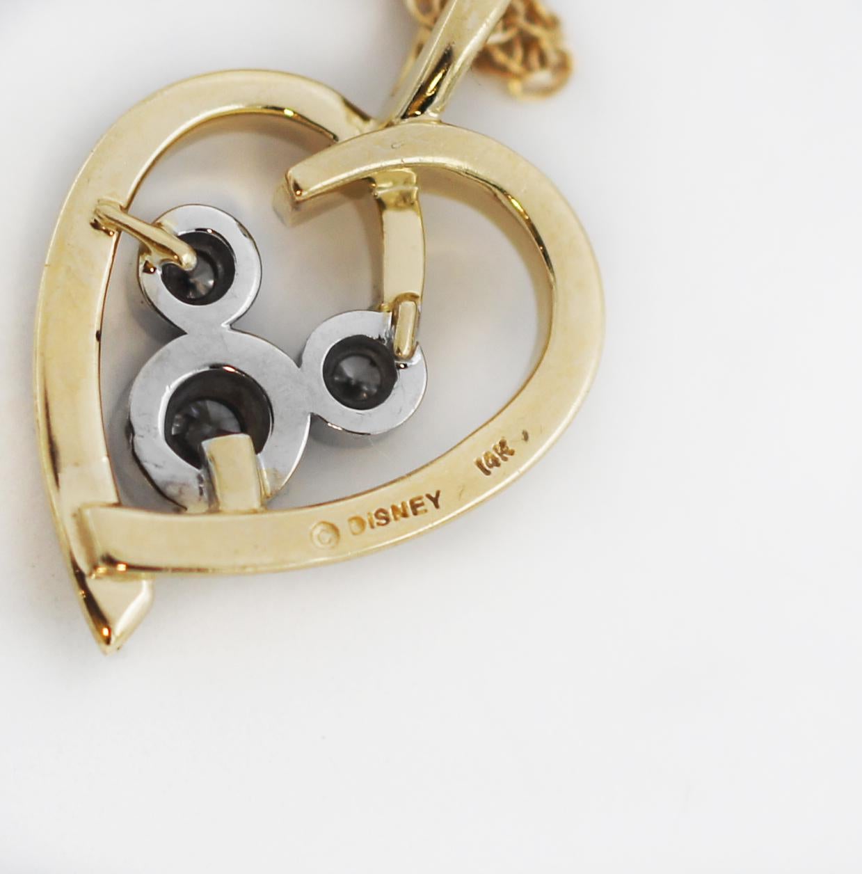 Round Cut Disney 14K Gold Diamond Heart Mickey Mouse Necklace For Sale