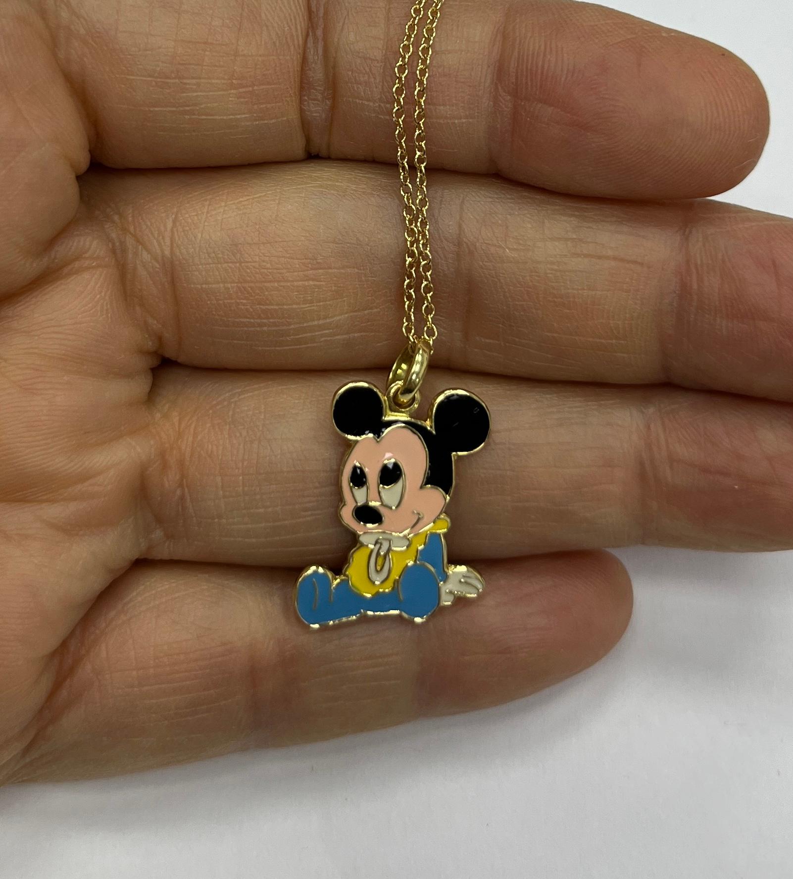 Disney 18K Yellow Gold Baby Mickey Mouse Enamel Charm Pendant Necklace For Sale 1