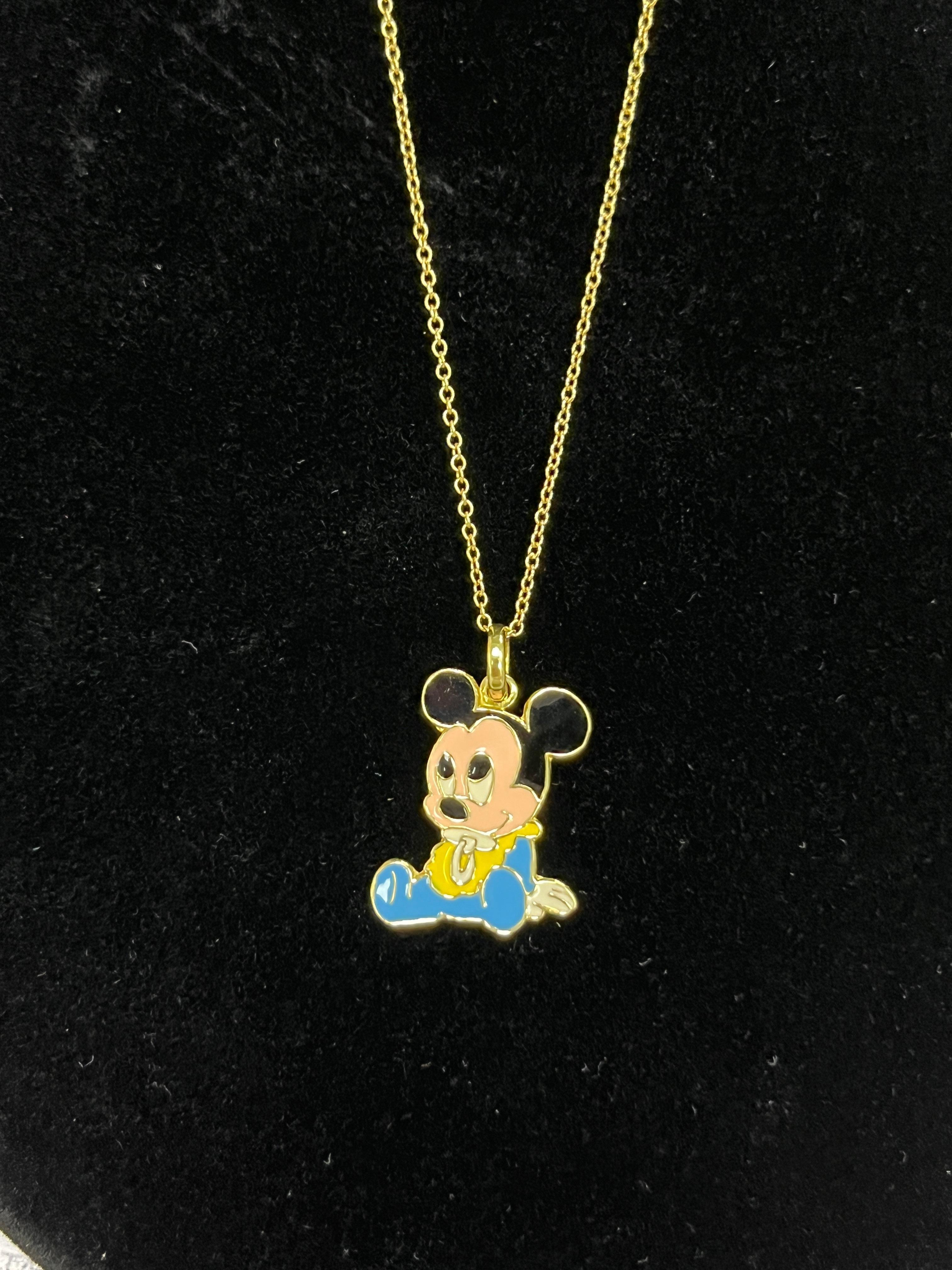 Disney 18K Yellow Gold Baby Mickey Mouse Enamel Charm Pendant Necklace For Sale 2