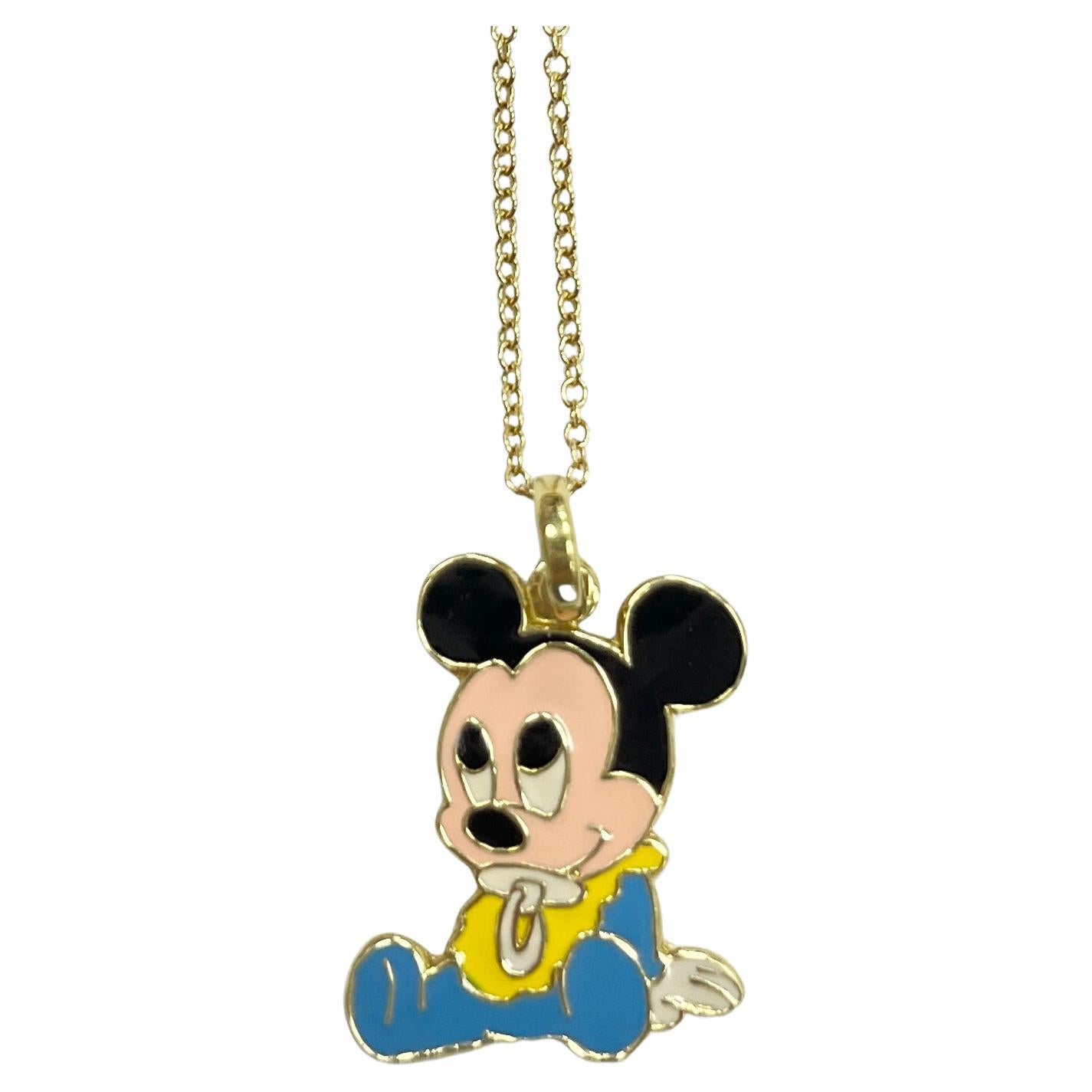 Disney 18K Yellow Gold Baby Mickey Mouse Enamel Charm Pendant Necklace