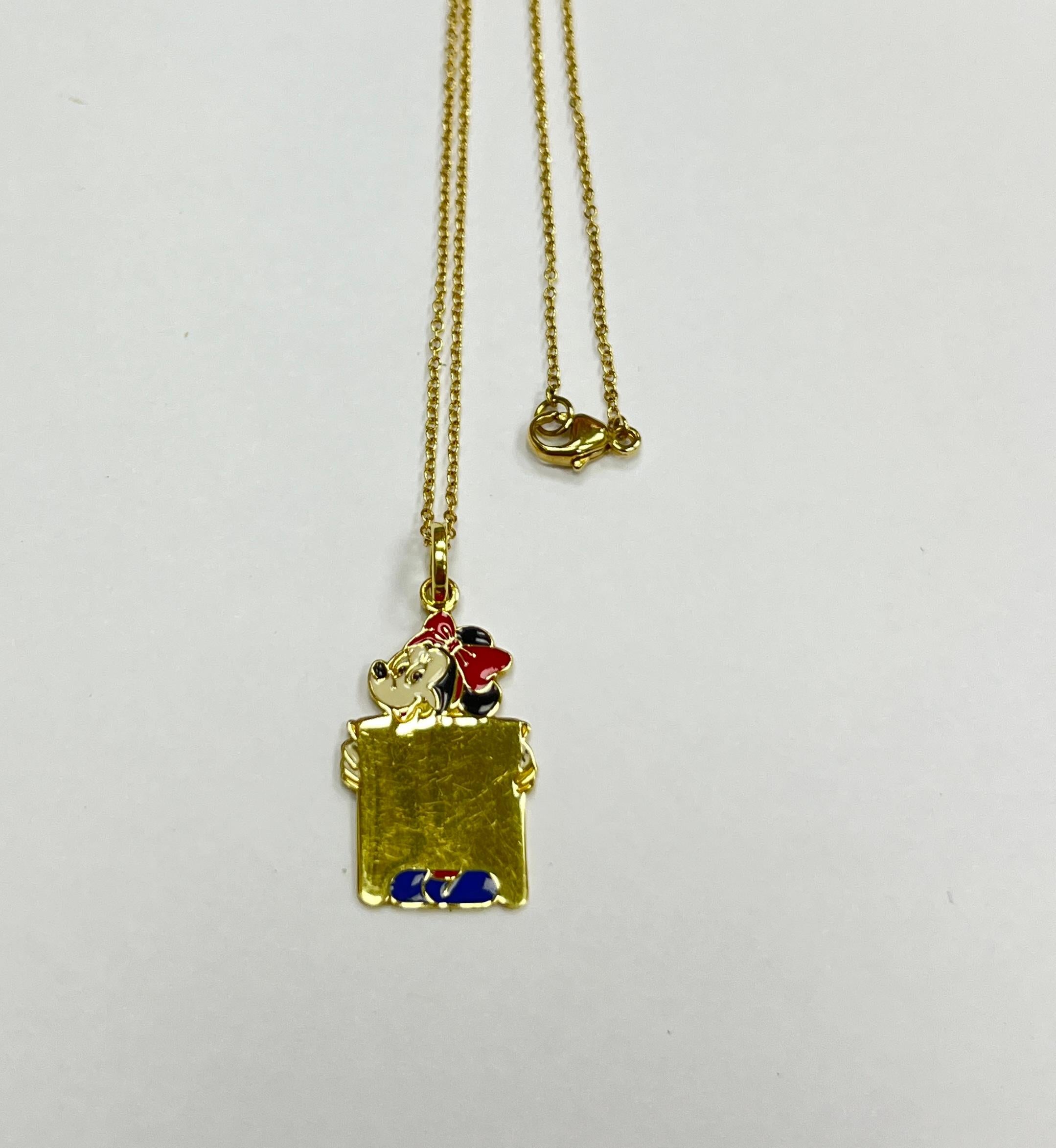 Women's or Men's Disney 18K Yellow Gold Minnie Mouse Enamel Charm Pendant Necklace For Sale