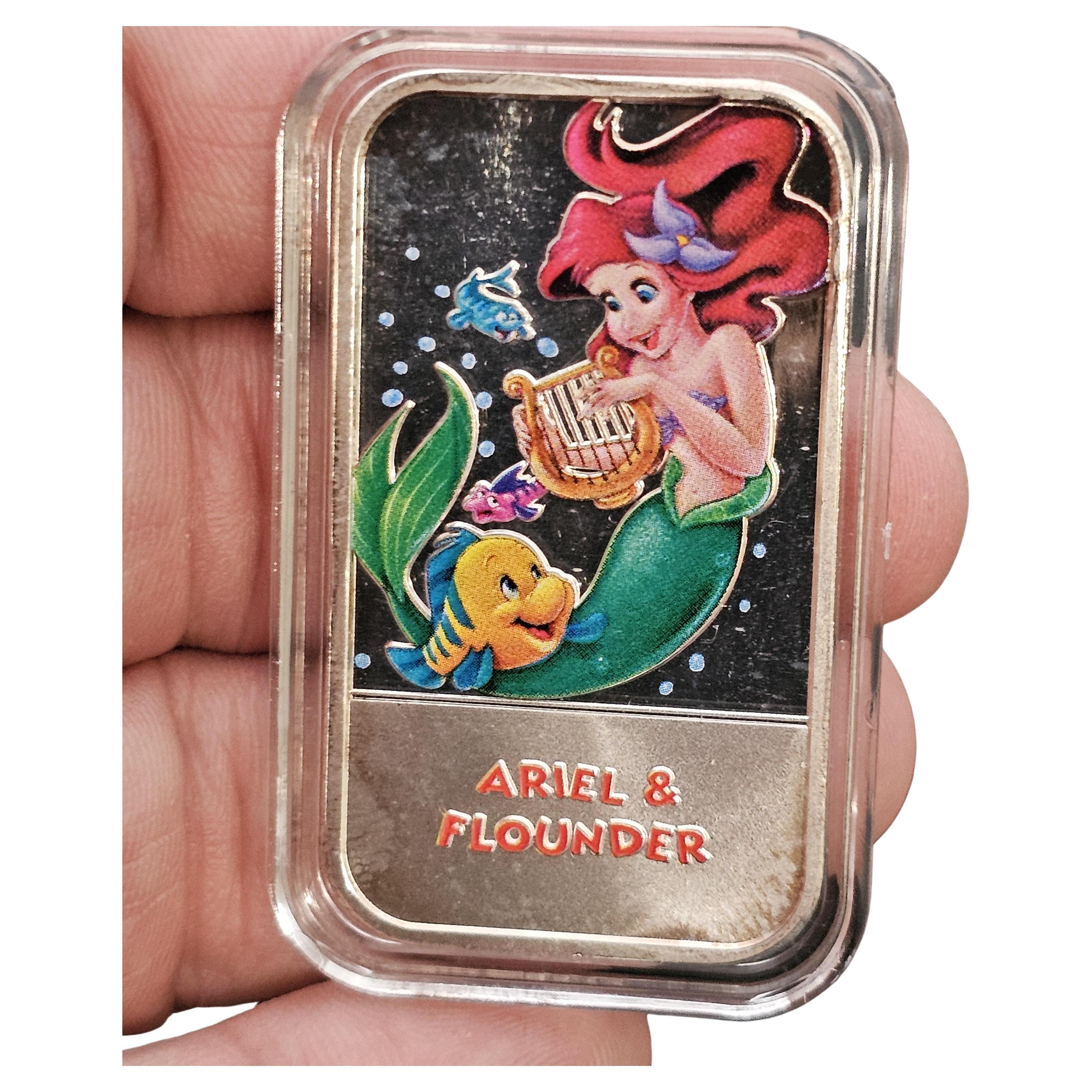 Disney Little Mermaid Ariel Flounder 1 oz Enamel 999 Silver Art Bar Ingot
