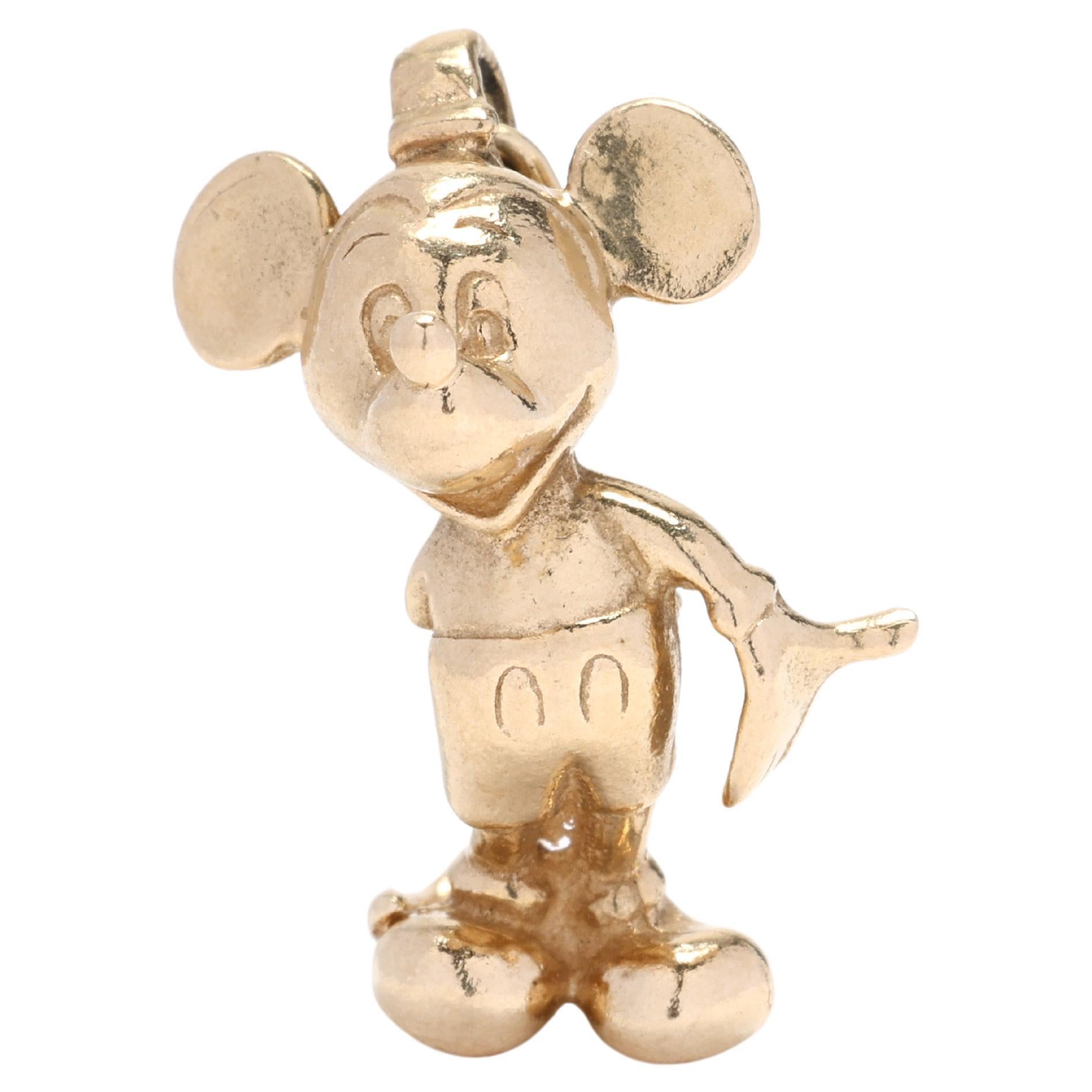 Disney Mickey Mouse Charm, 14K Yellow Gold, Length .75 Inches, Small Gold Charm For Sale