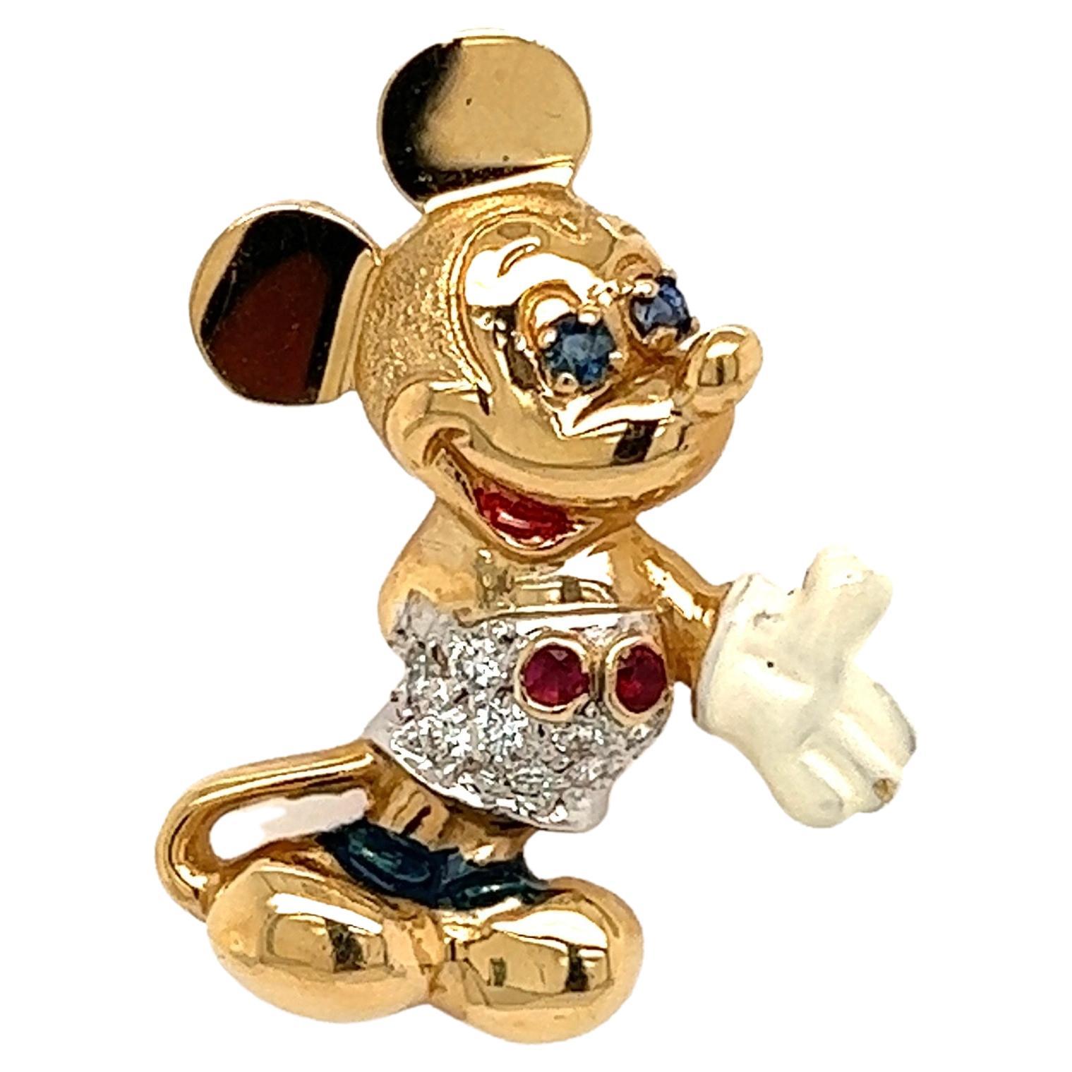 Disney Mickey Mouse Enamel Ruby and Sapphire Gold Charm Pendant Necklace