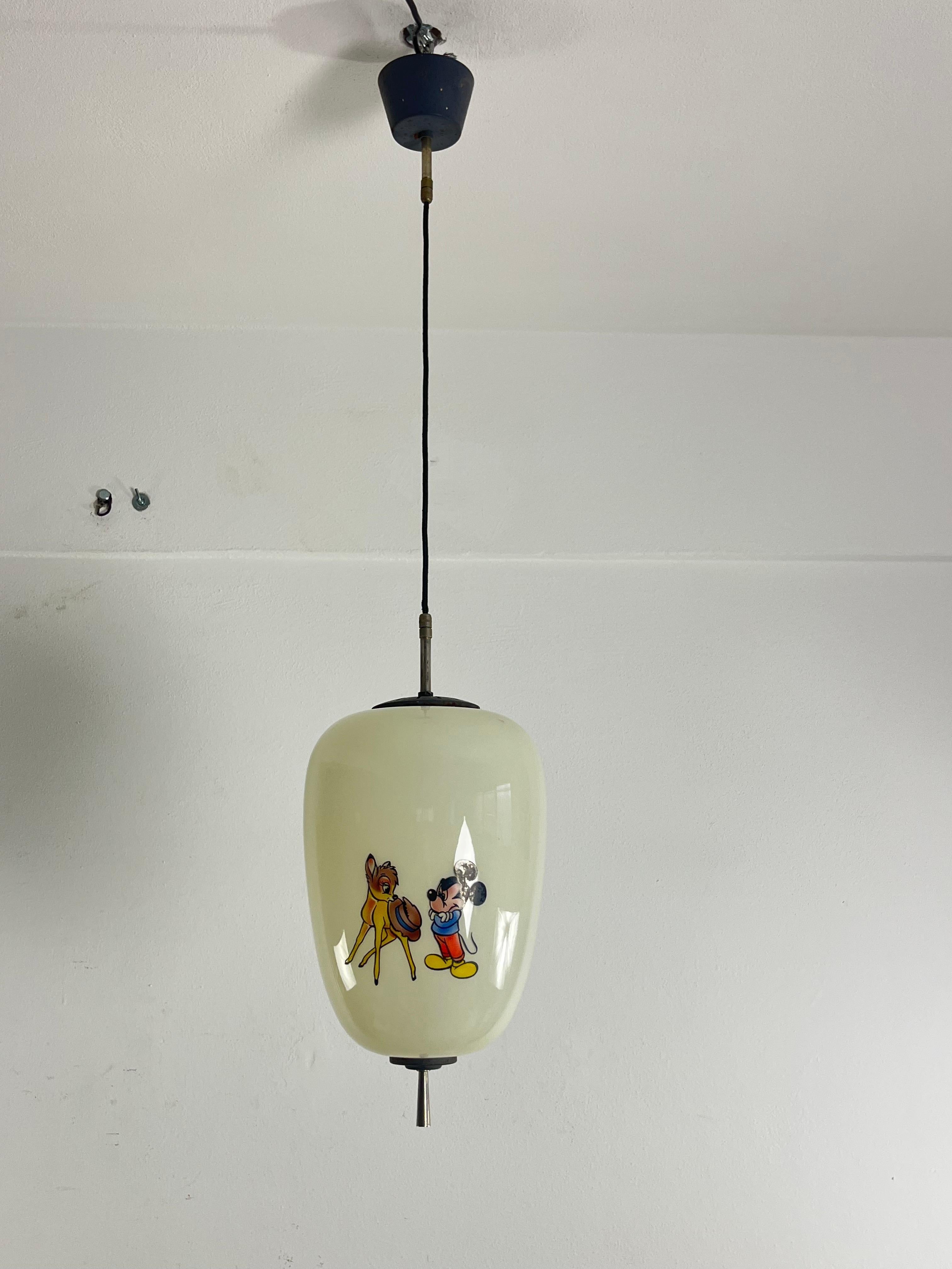 Disney Pendant Lamp by Doria Leuchten Germany Decorated Opaline Glass, 1960s For Sale 6