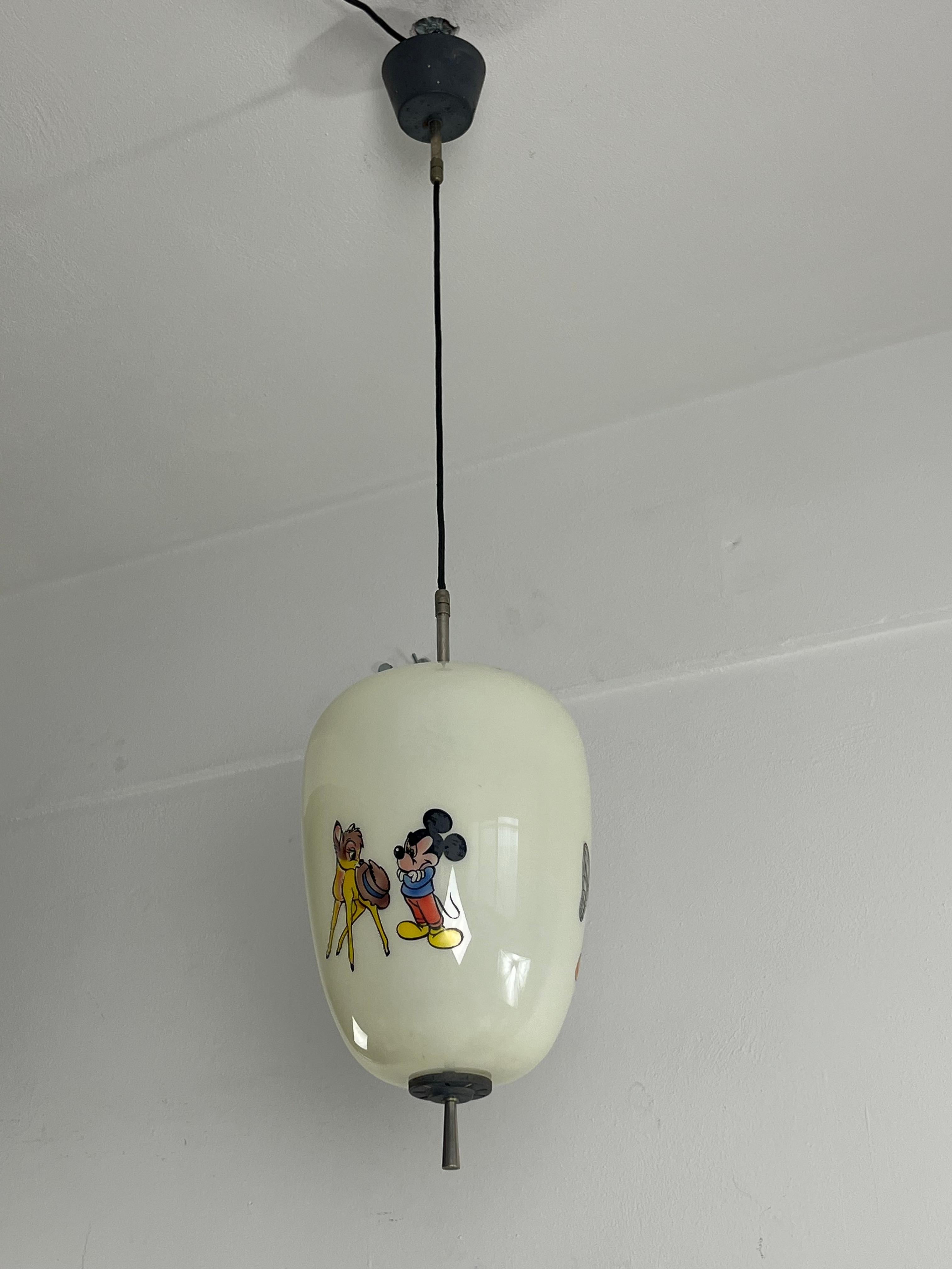 Disney Pendant Lamp by Doria Leuchten Germany Decorated Opaline Glass, 1960s For Sale 8