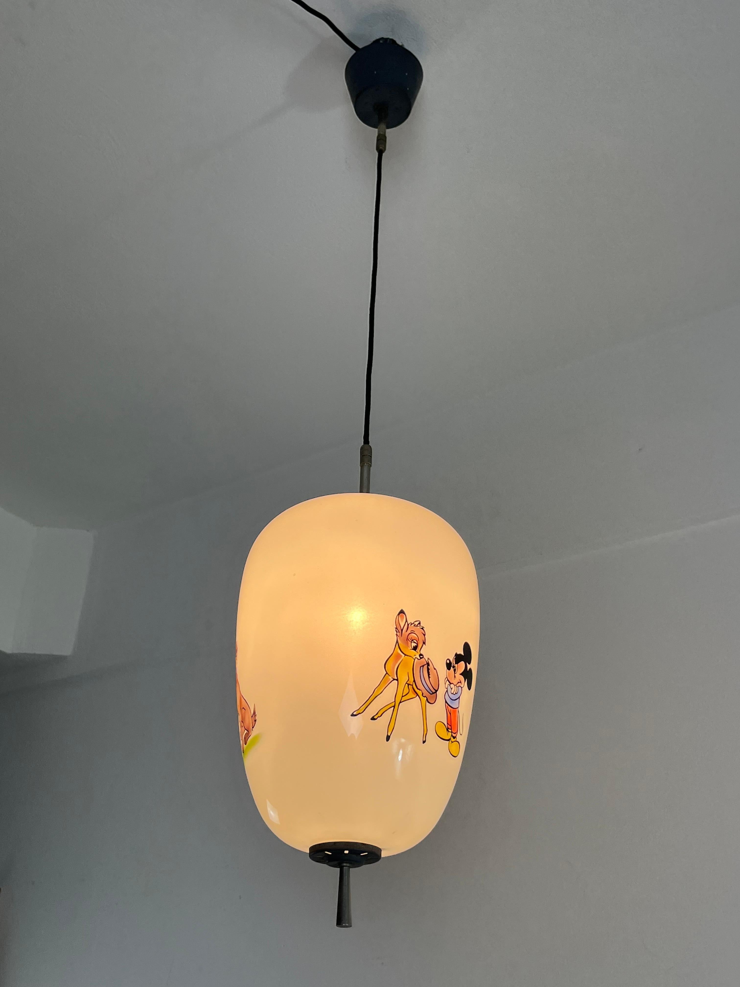 Disney Pendant Lamp by Doria Leuchten Germany Decorated Opaline Glass, 1960s For Sale 10