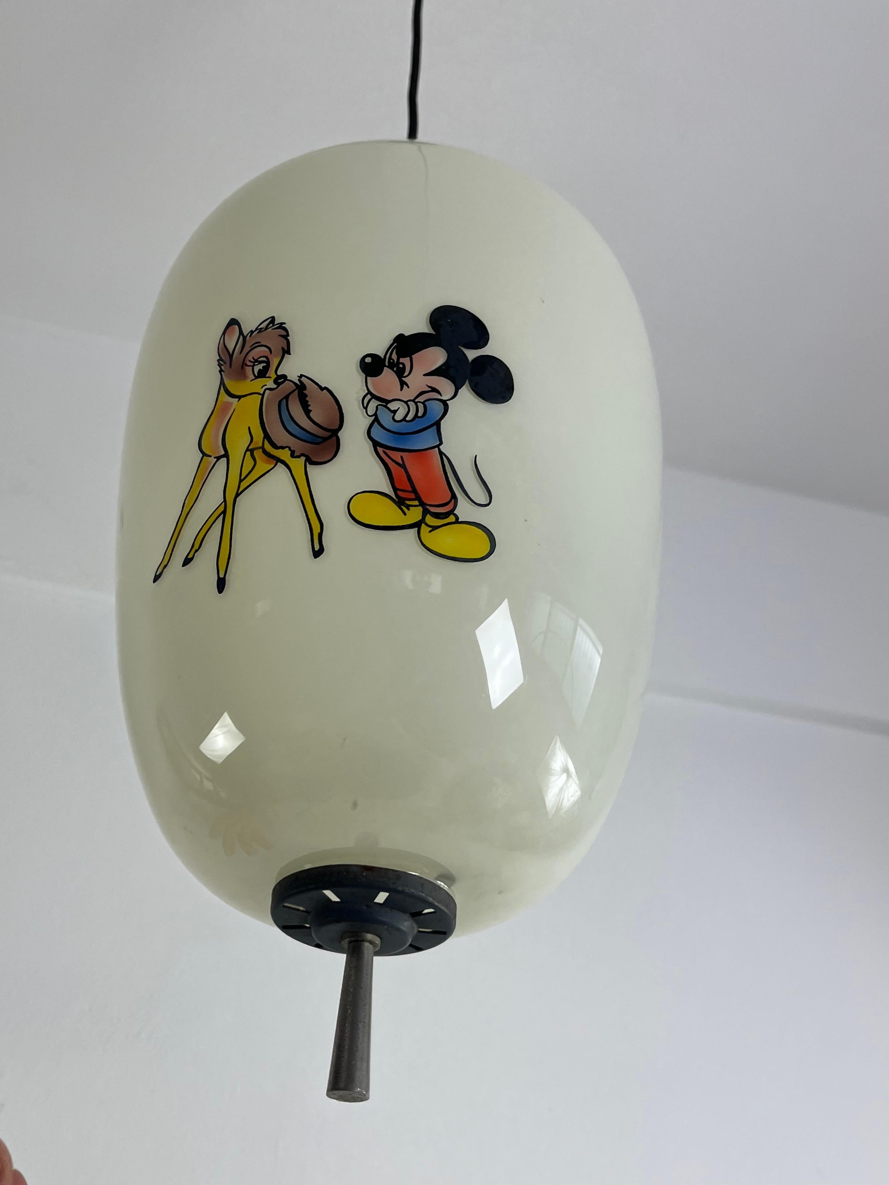 Disney pendant lamp by Doria Leuchten decorated opaline glass, 1960s
Delightful opaline glass chandelier, decorated with Disney characters.
Metal accessories.
Intact and in good condition, E27 lamp.
Height of the lamp 40 cm (95 cm including the