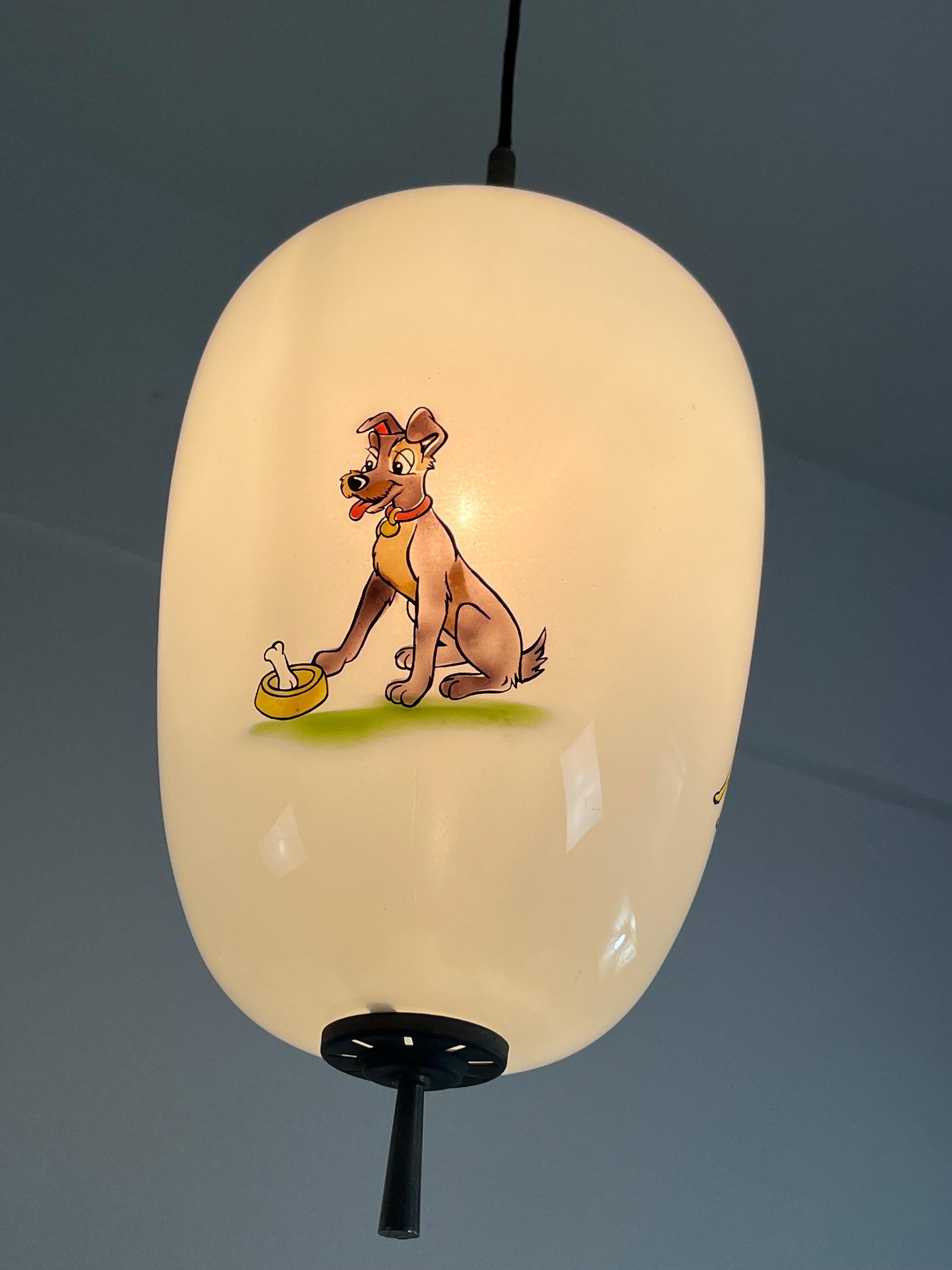 Disney Pendant Lamp by Doria Leuchten Germany Decorated Opaline Glass, 1960s In Good Condition For Sale In Palermo, IT