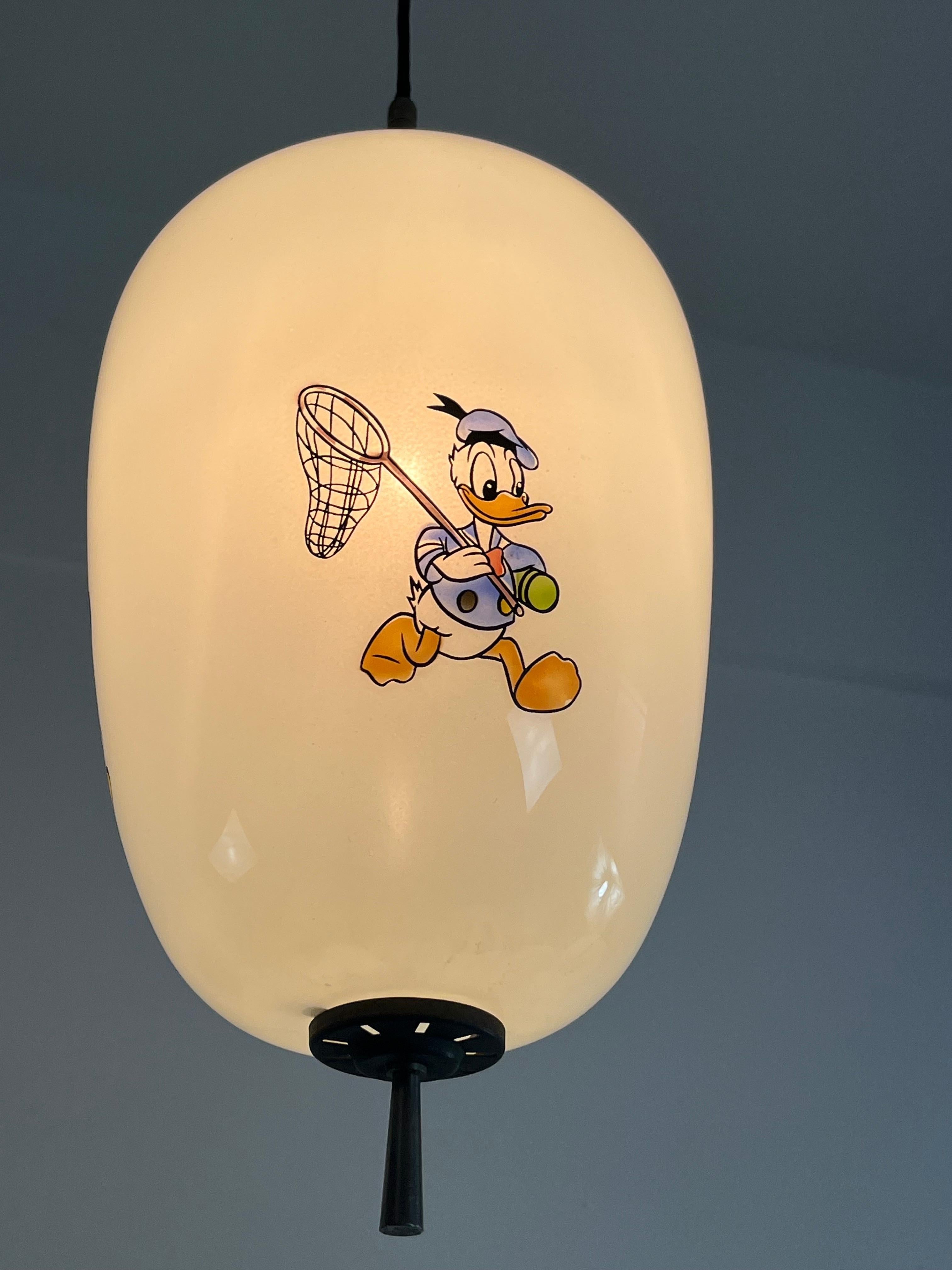 Mid-20th Century Disney Pendant Lamp by Doria Leuchten Germany Decorated Opaline Glass, 1960s For Sale
