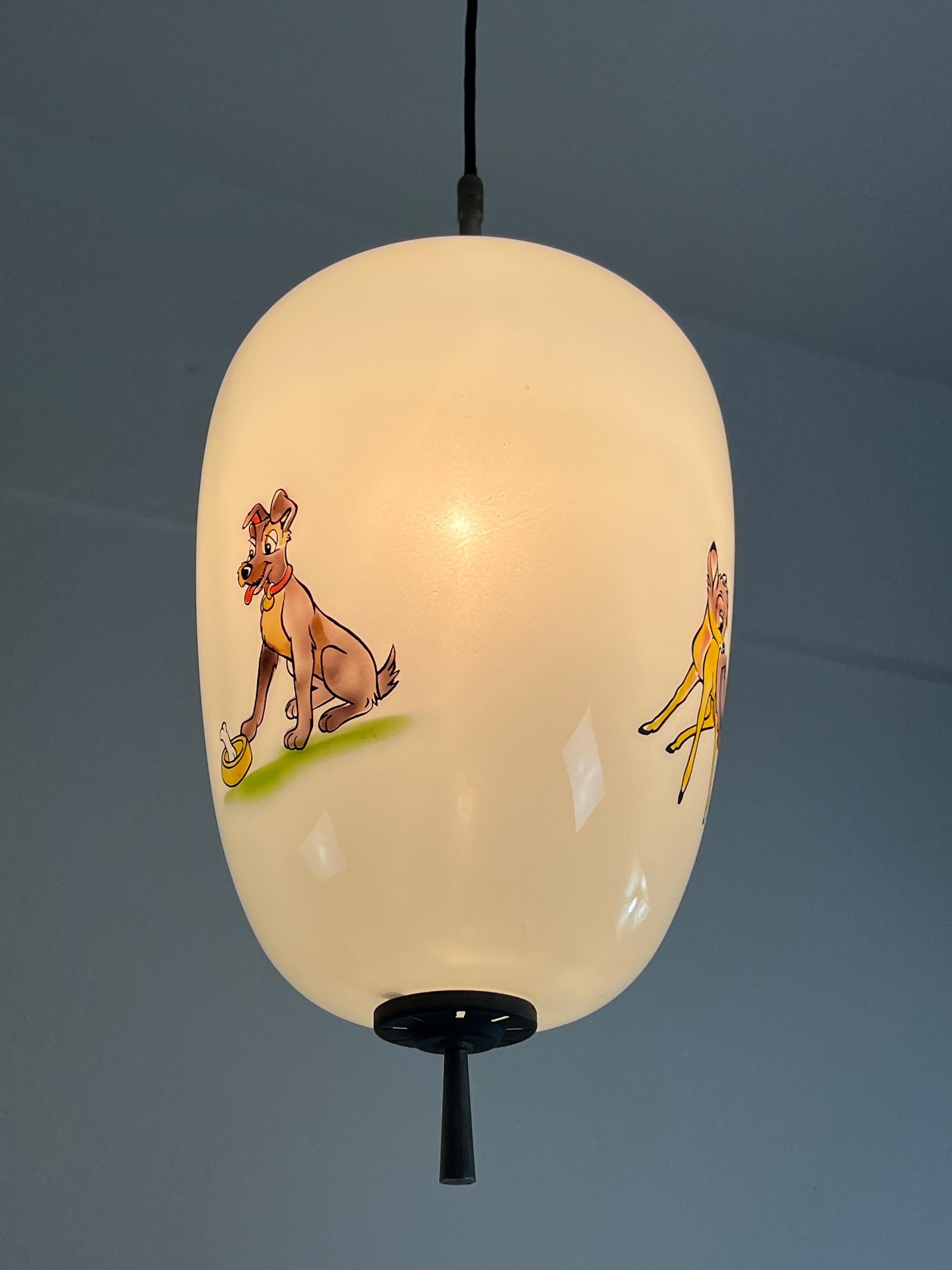 Disney Pendant Lamp by Doria Leuchten Germany Decorated Opaline Glass, 1960s For Sale 2