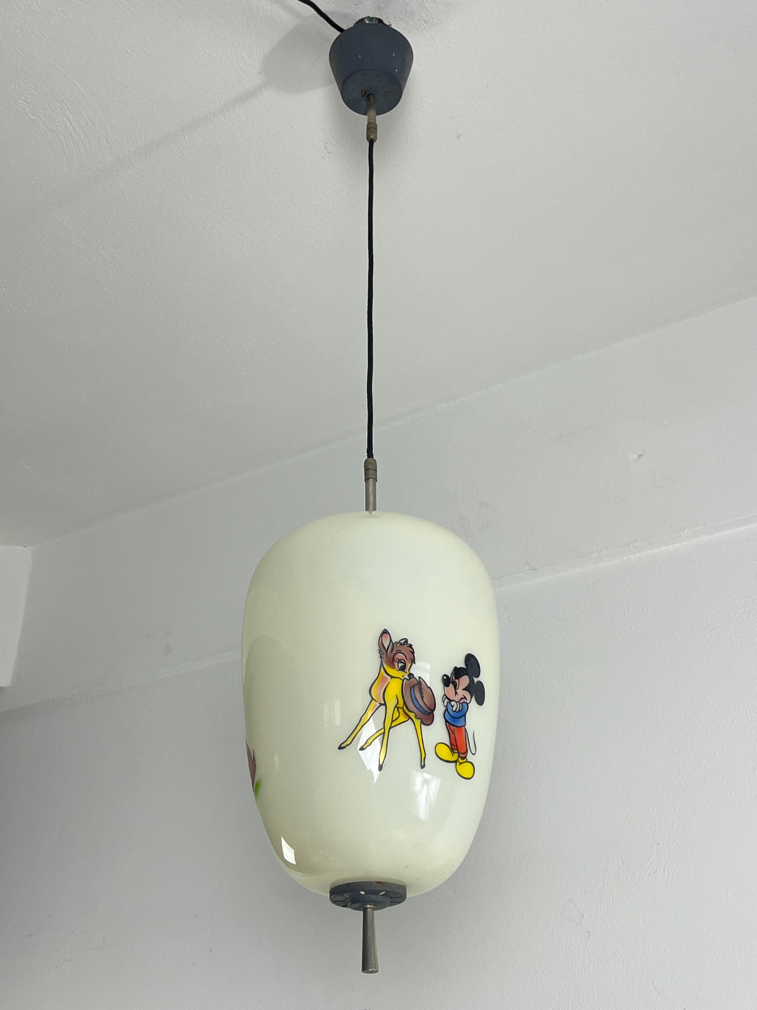 Disney Pendant Lamp by Doria Leuchten Germany Decorated Opaline Glass, 1960s For Sale 4