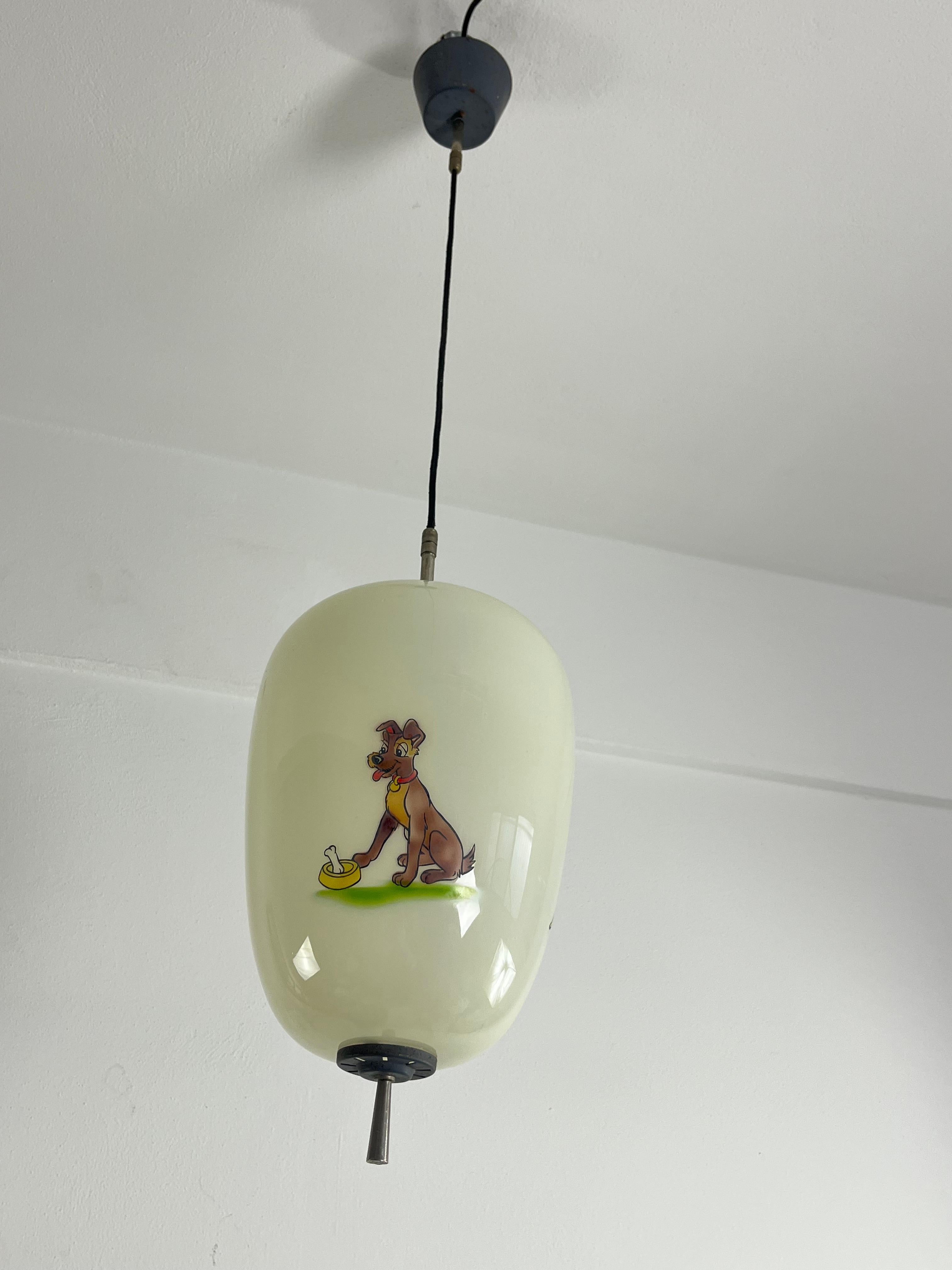 Disney Pendant Lamp by Doria Leuchten Germany Decorated Opaline Glass, 1960s For Sale 5