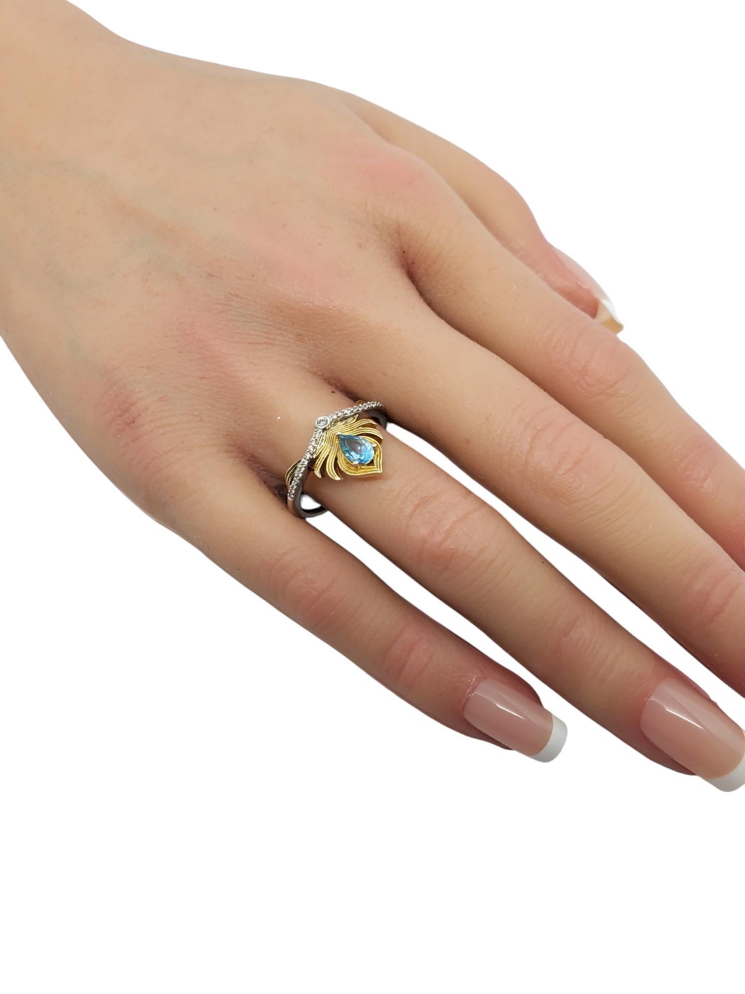 Disney Sterling & 10K Swiss Blue Topaz Diamond Feather Crown Ring Taille 8 #20571 en vente 2