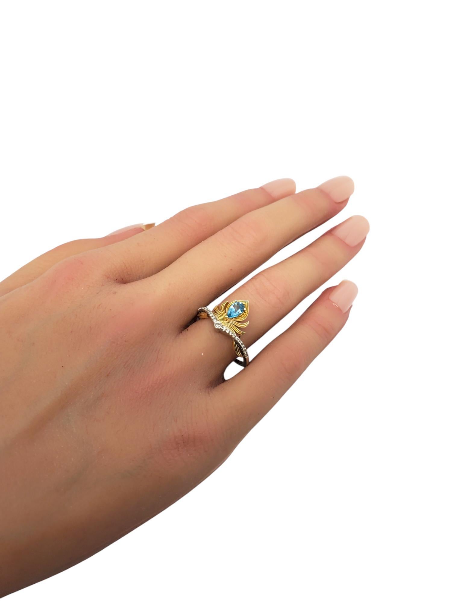Disney Sterling & 10K Swiss Blue Topaz Diamond Feather Crown Ring Taille 8 #20571 en vente 3