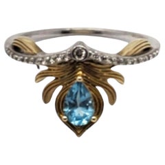 Vintage Disney Sterling & 10K Swiss Blue Topaz Diamond Feather Crown Ring Size 8 #20571