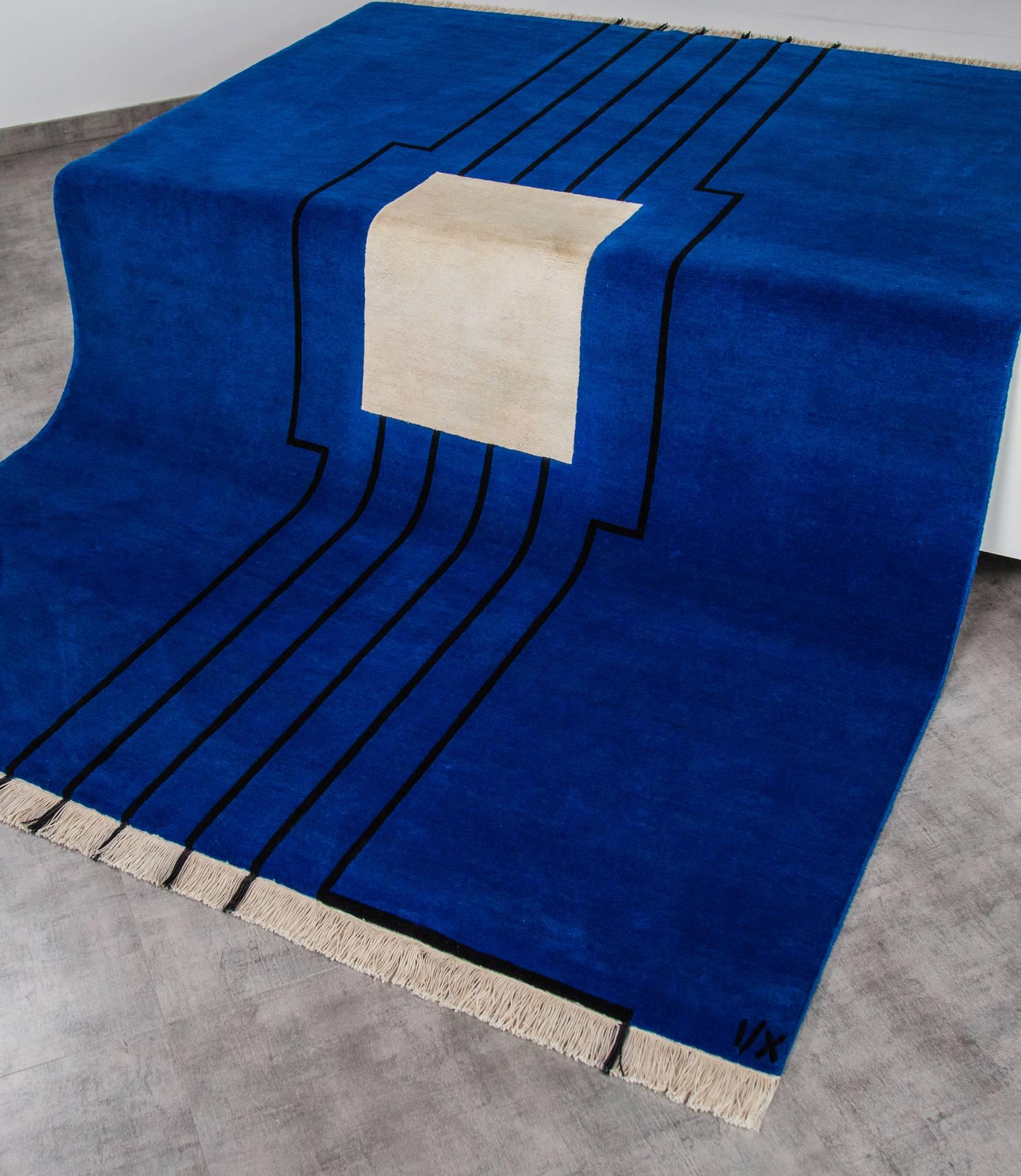 Disobedience - Modern Geometric Blue Beige Black Striped Wool Silk Rug Wool For Sale 3