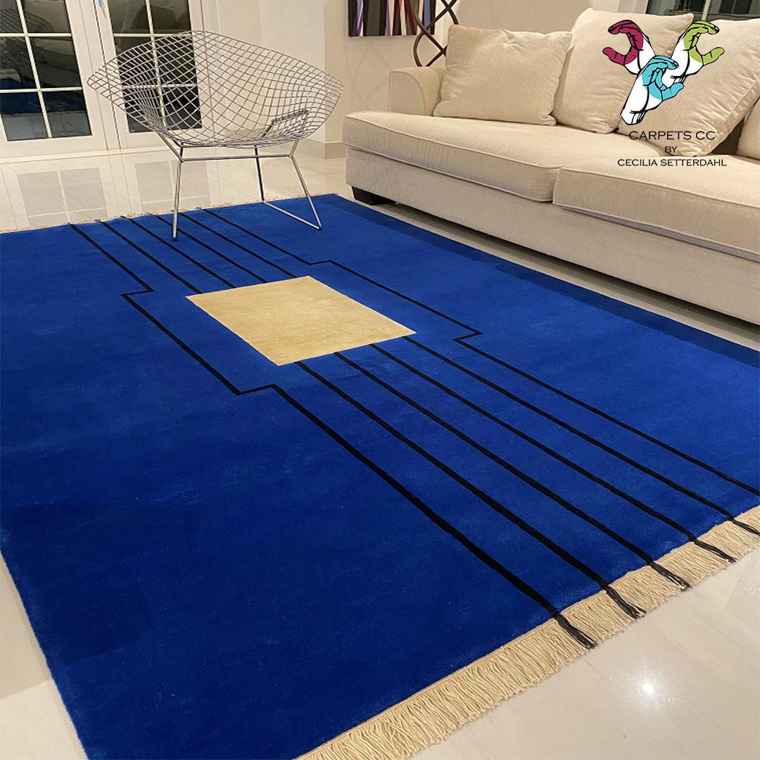 Disobedience - Modern Geometric Blue Beige Black Striped Wool Silk Rug Wool For Sale 7