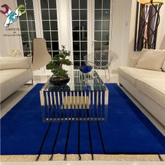 Desobediencia - Alfombra moderna geométrica de rayas azules beige negras de lana y seda