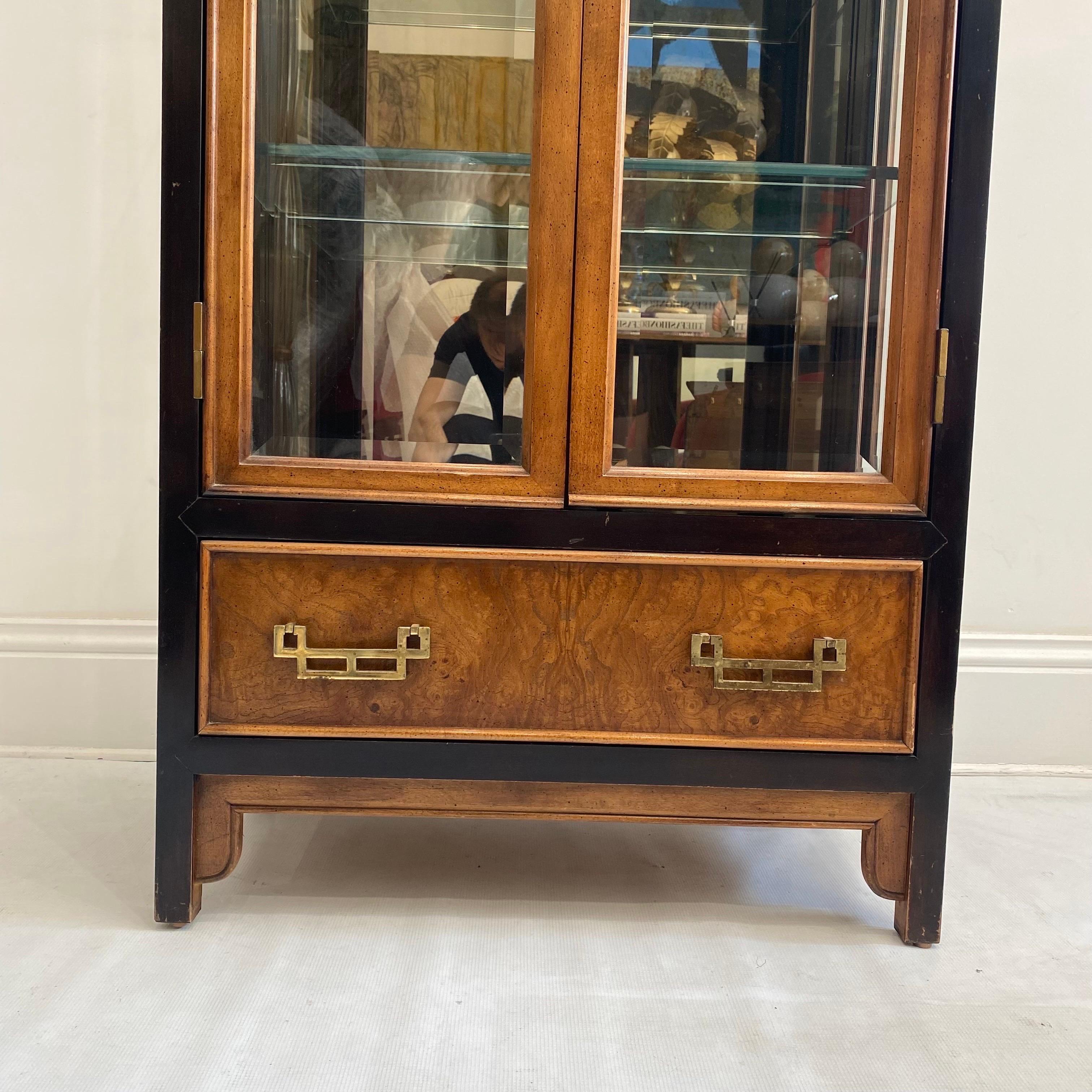Late 20th Century Display Cabinet 1970s Burl Wood Brass Chinoiserie Vintage Drawers Raymond Sobota For Sale