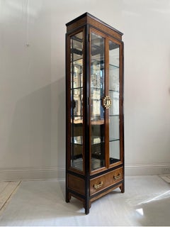 Display Cabinet 1970s Burl Wood Brass Chinoiserie Vintage Drawers Raymond Sobota