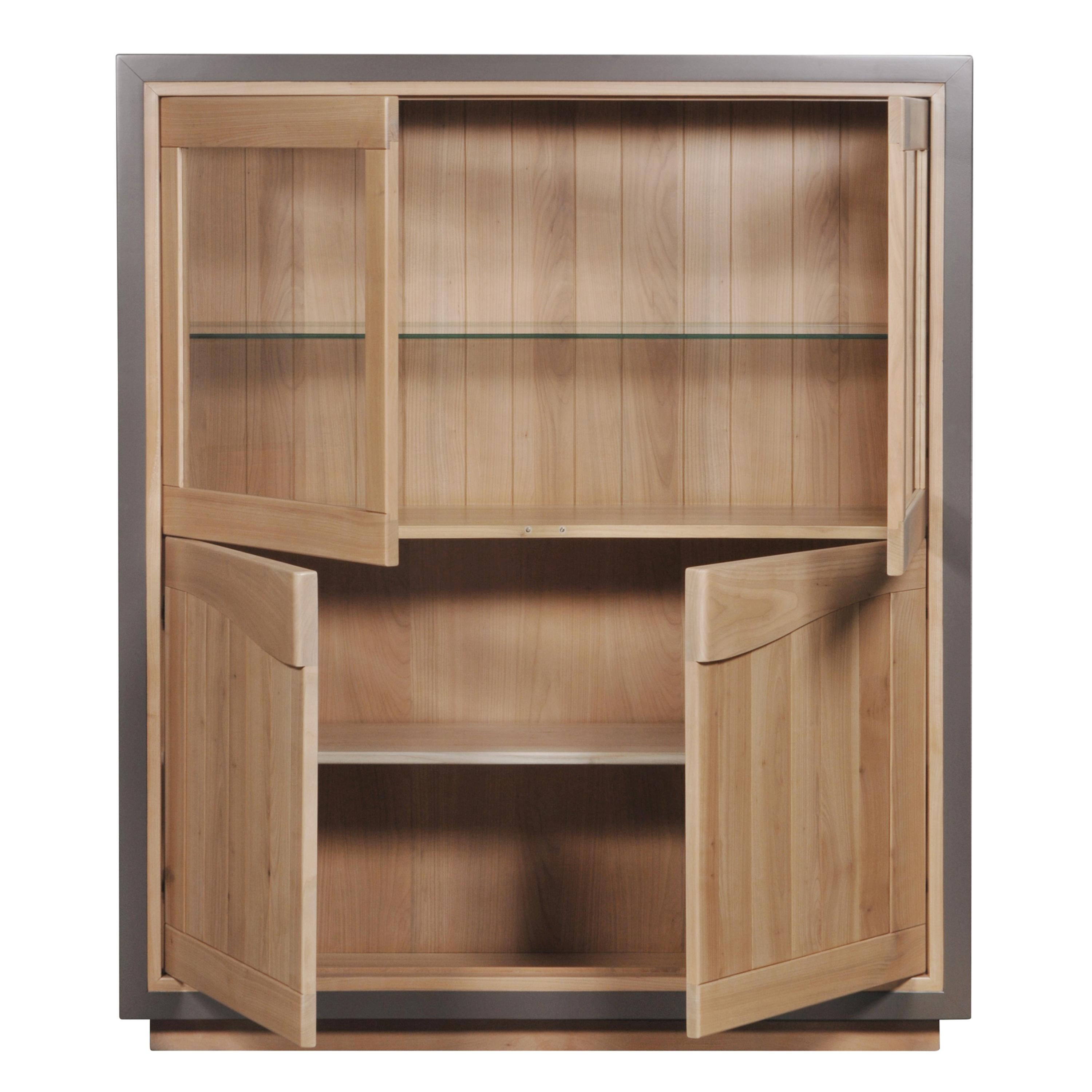 Contemporary Display Cabinet 4 Doors in French Solid Cherry, 100% Made in France For Sale