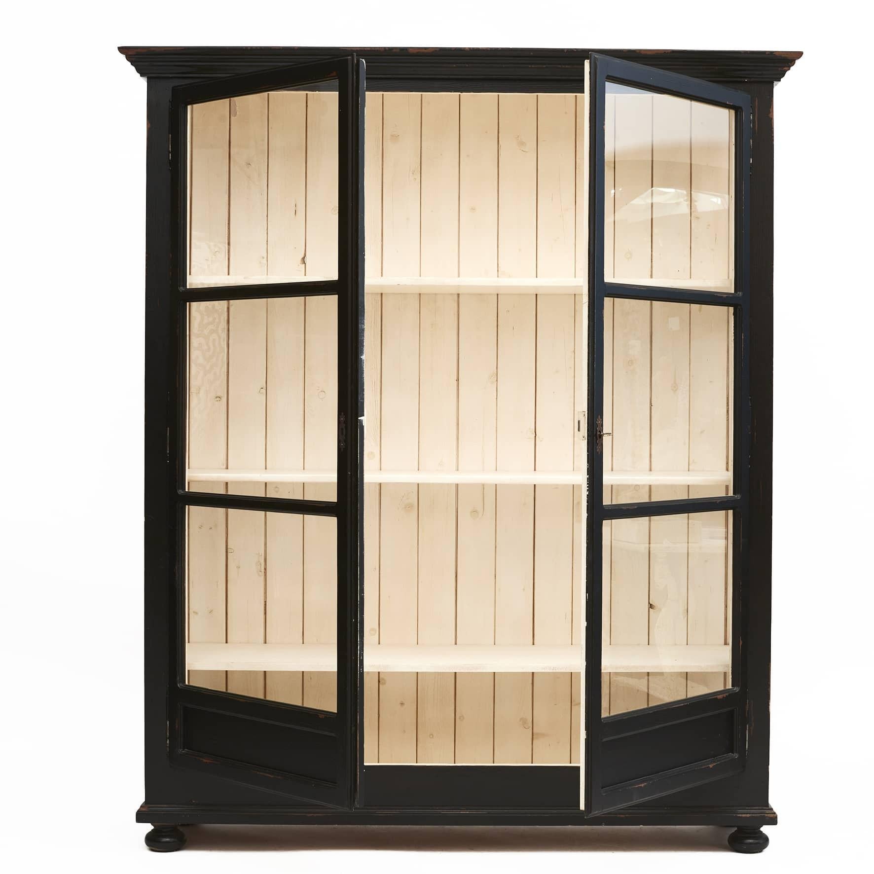 Black painted display cabinet with two doors.
Adjustable white painted shelves  

Former museum display cases with good natural patina.
Craftsmanship made in good quality.
Denmark 1880 - 1900.