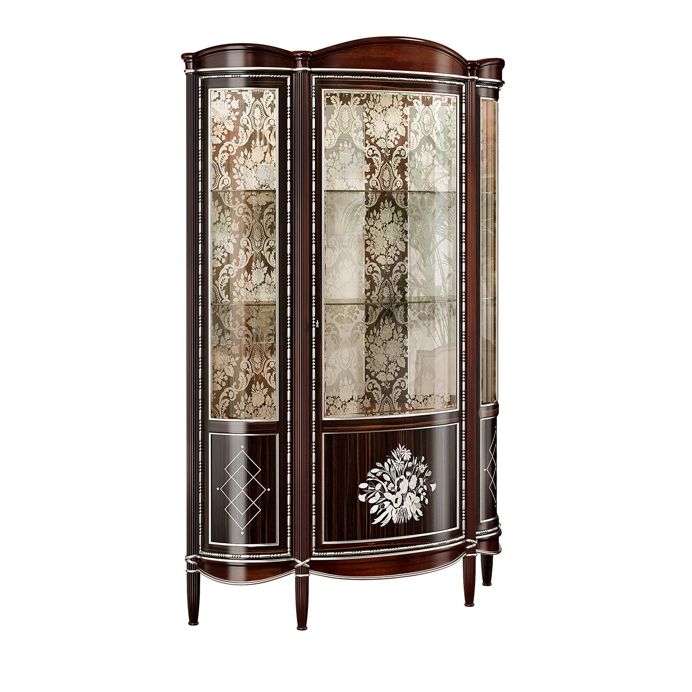 An impeccable combination of exclusive, refined materials, this display cabinet boasts a superbly plush allure in its Art Deco design. Crafted of Makassar ebony, the top part of the doors is made of glass, while the bottom one boasts an inlay work