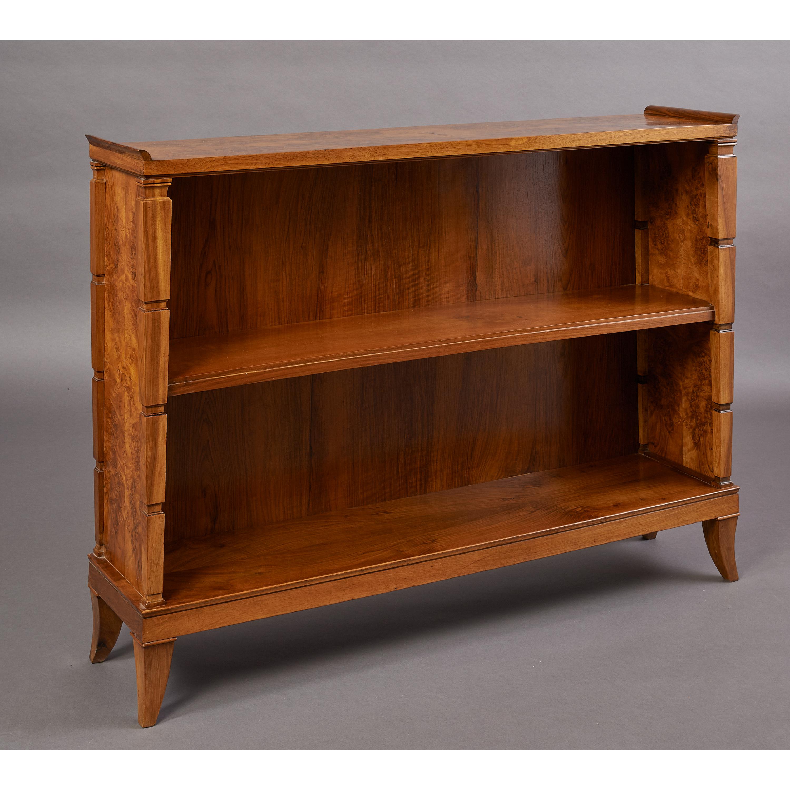 ITALY, 1940's
School of Gio Ponti and Emilio Lancia
Exquisite walnut and burl display cabinet or bookcase
with wonderfully articulated side columns and curved legs 
Elegant design that can fit a Modern or Neo Classical Interior
51 W X 11.5 D x 37 H