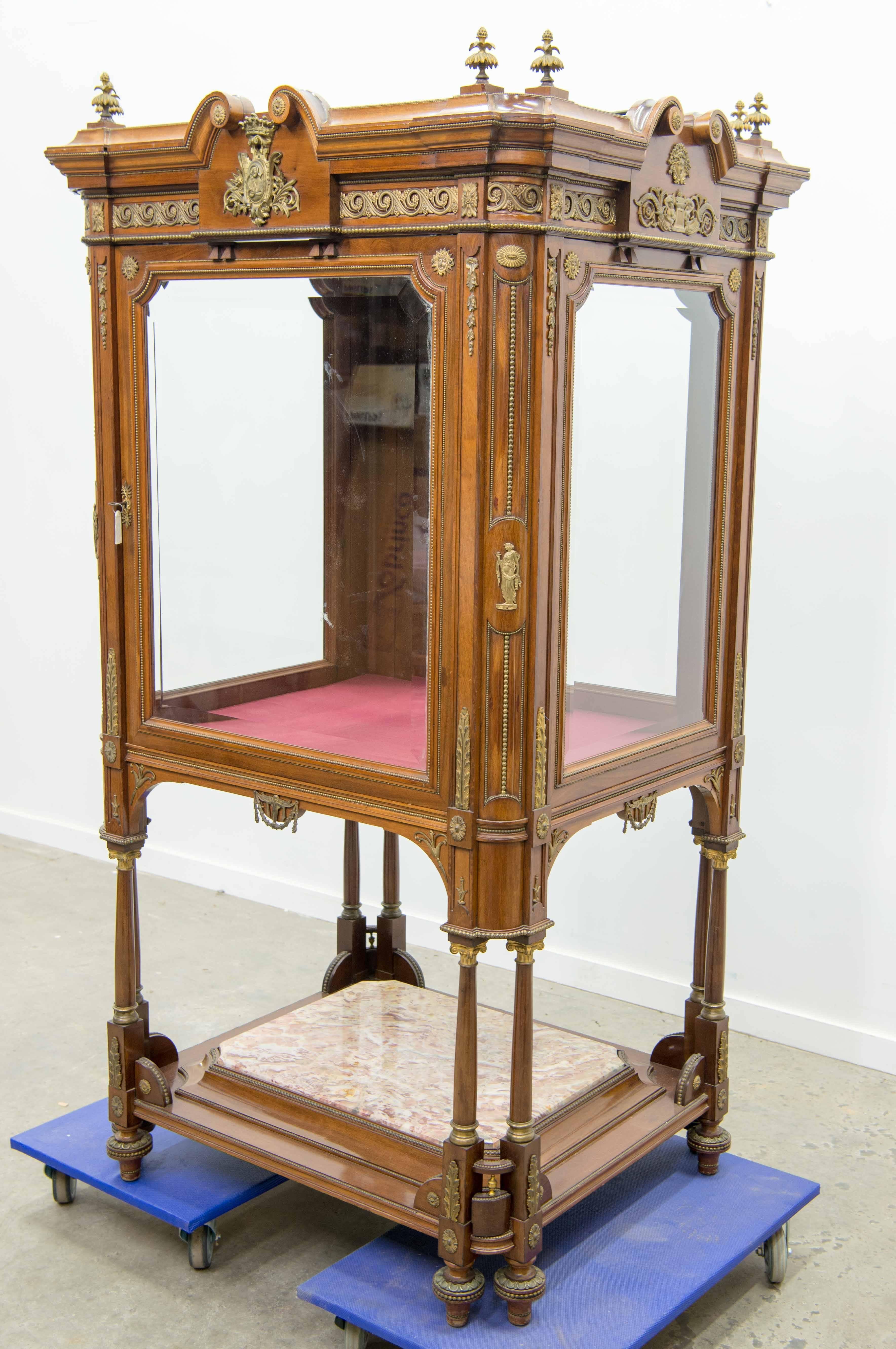 Display Cabinet or Showcase in Empire Style with Bronze-Mounted Walnut, Marble For Sale 11