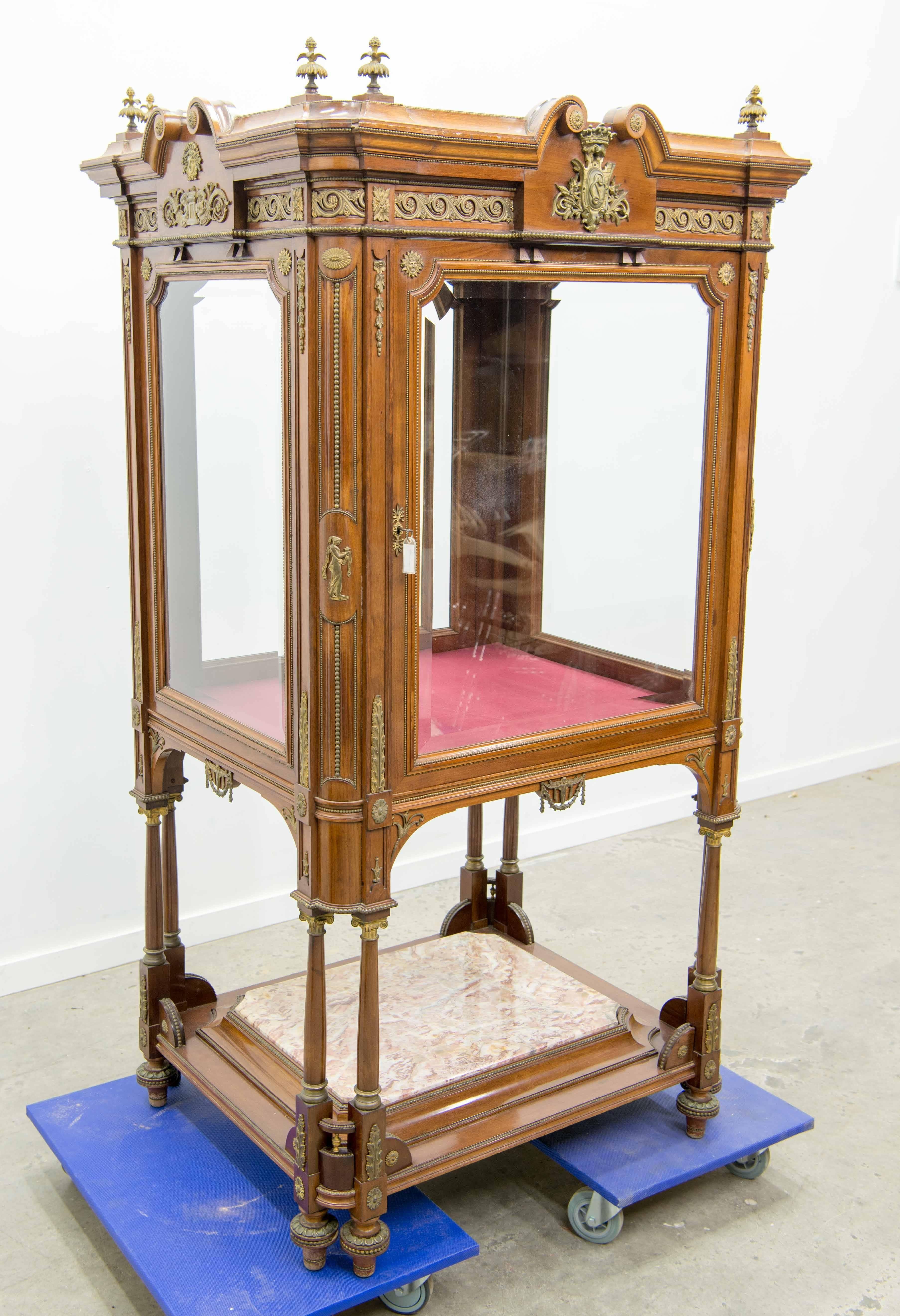 Display Cabinet or Showcase in Empire Style with Bronze-Mounted Walnut, Marble For Sale 12