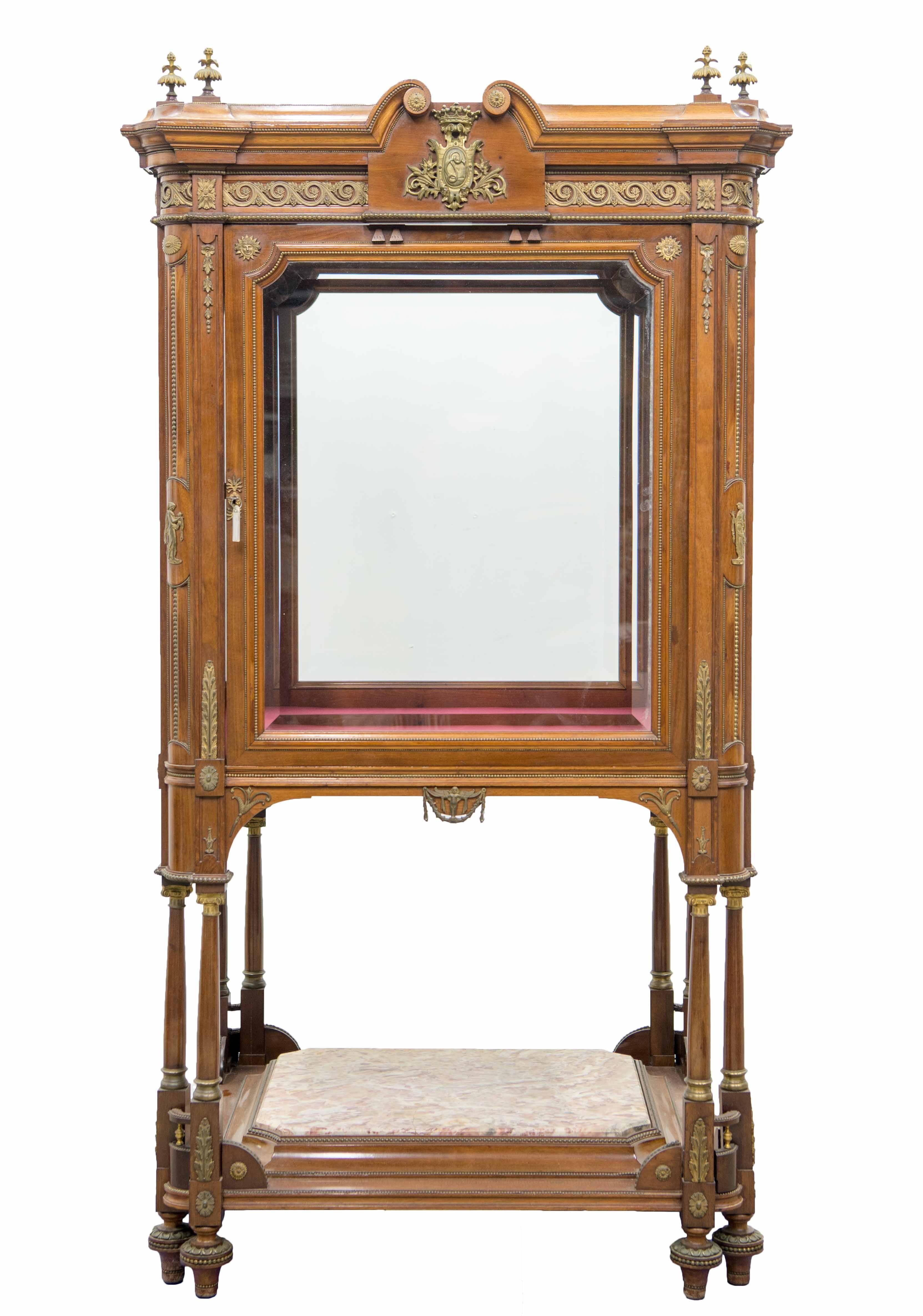 French Display Cabinet or Showcase in Empire Style with Bronze-Mounted Walnut, Marble For Sale