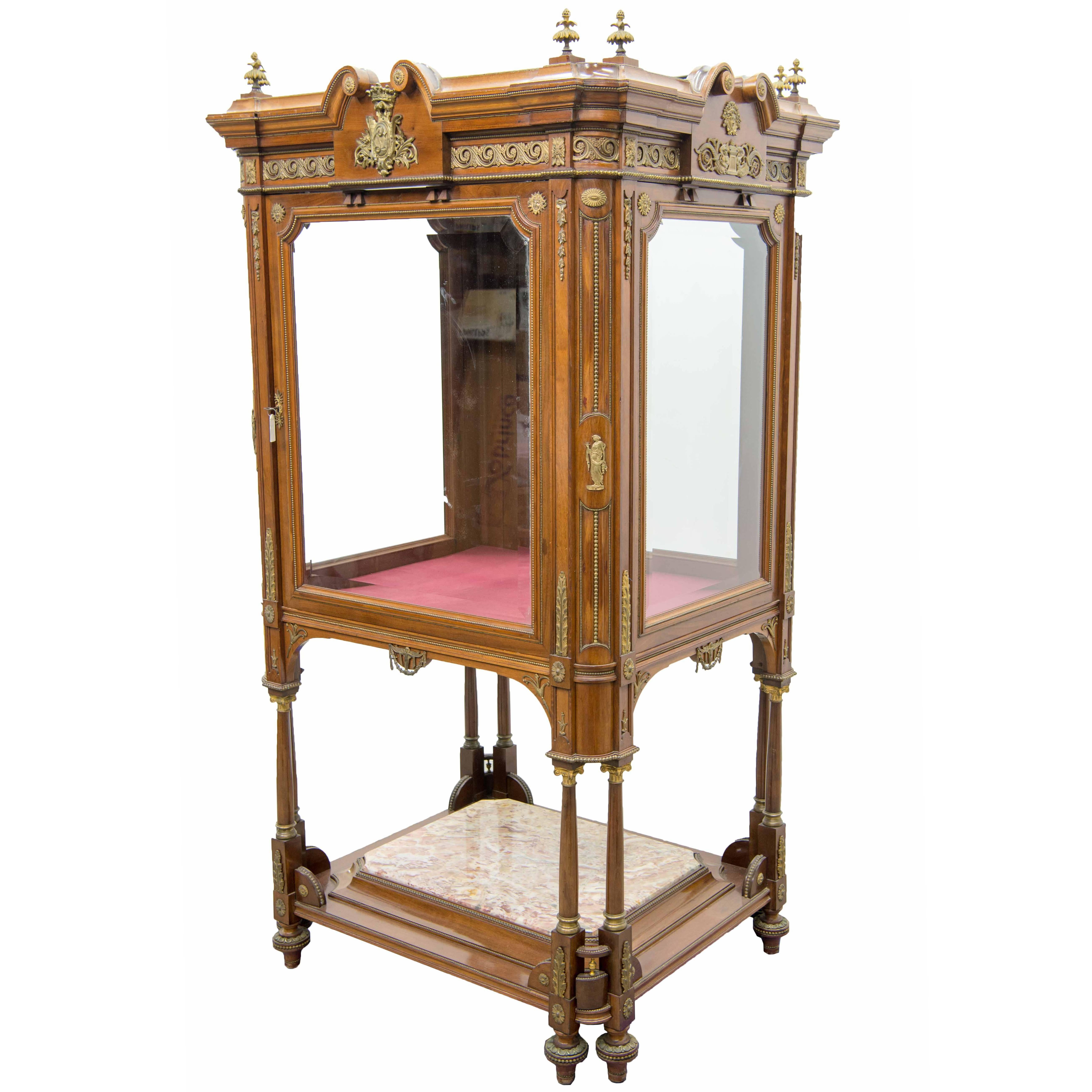Display Cabinet or Showcase in Empire Style with Bronze-Mounted Walnut, Marble For Sale