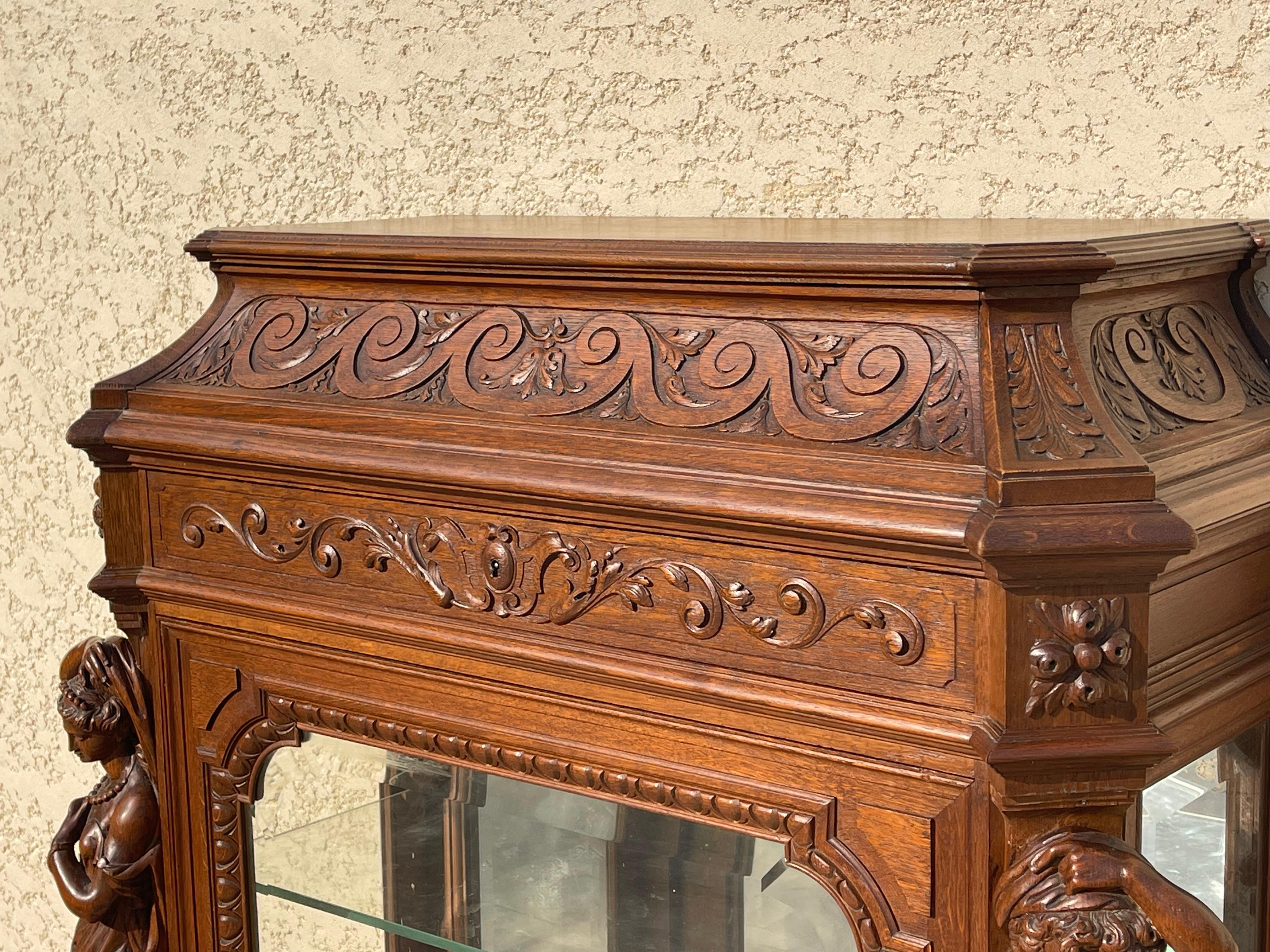 19th Century Display Cabinet / Renaissance Style Oak Vitrine For Sale