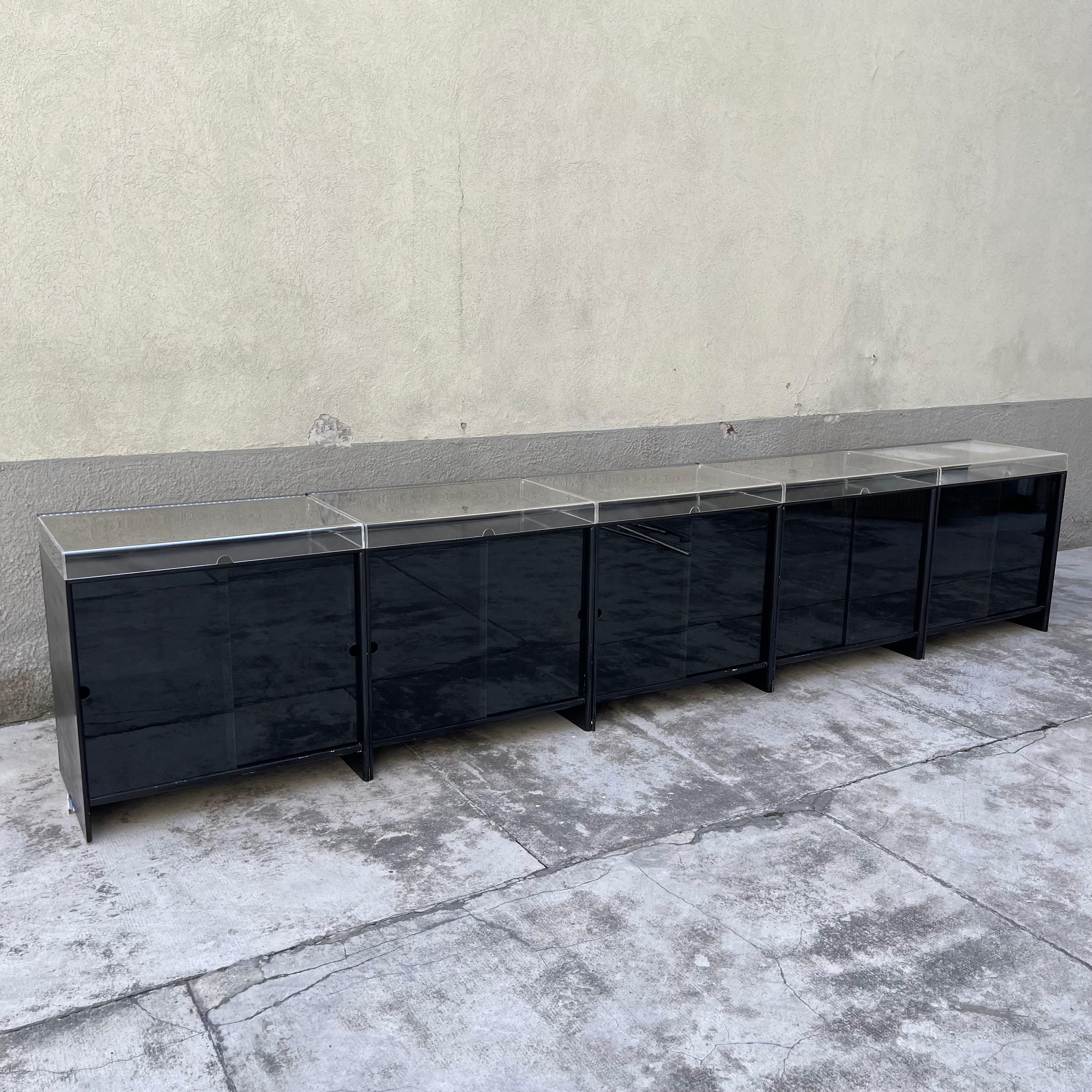 Mid-Century Modern Display Cabinets in Black Lacquered Wood and Top in Acrylic Glass, Italy, 1970s For Sale