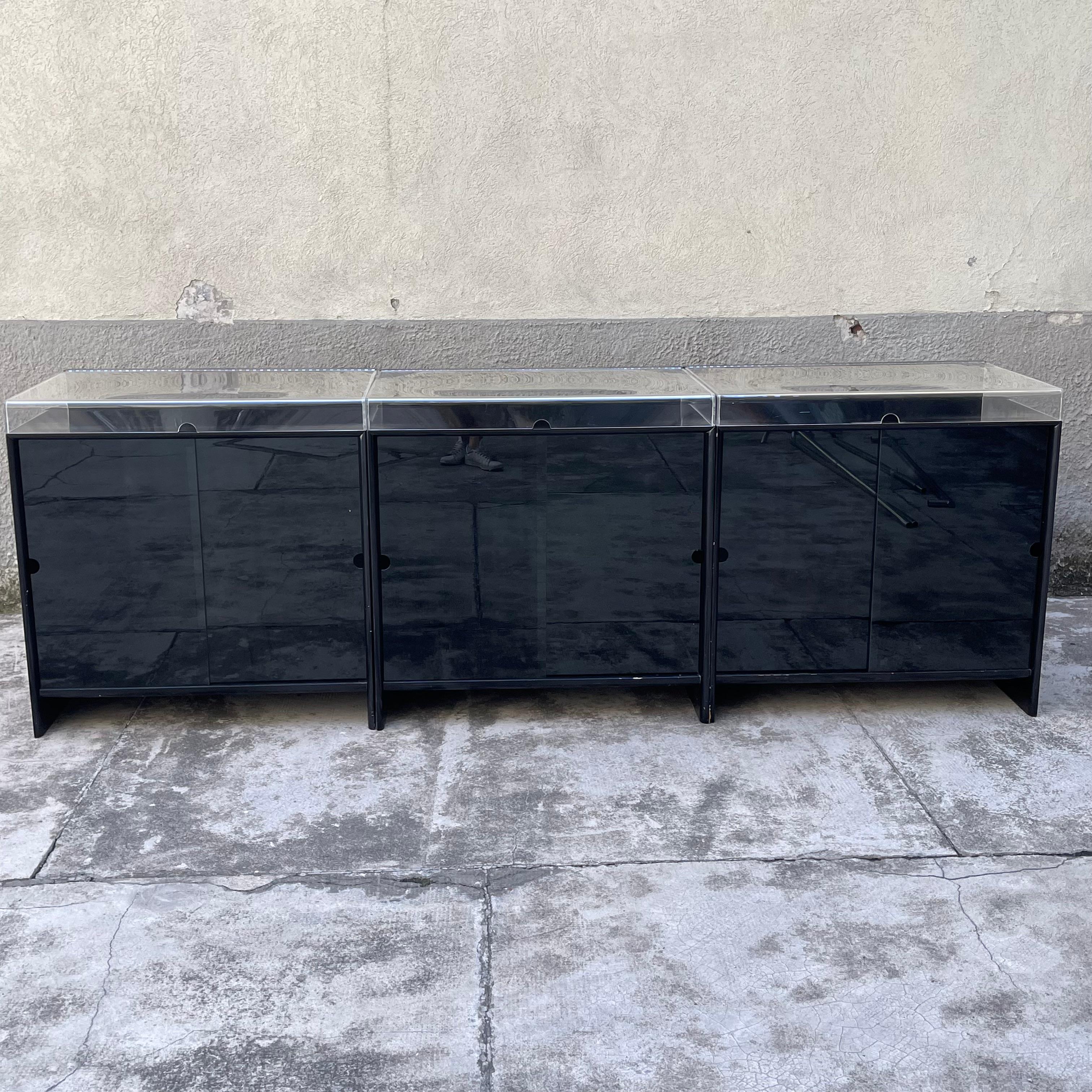 Italian Display Cabinets in Black Lacquered Wood and Top in Acrylic Glass, Italy, 1970s For Sale