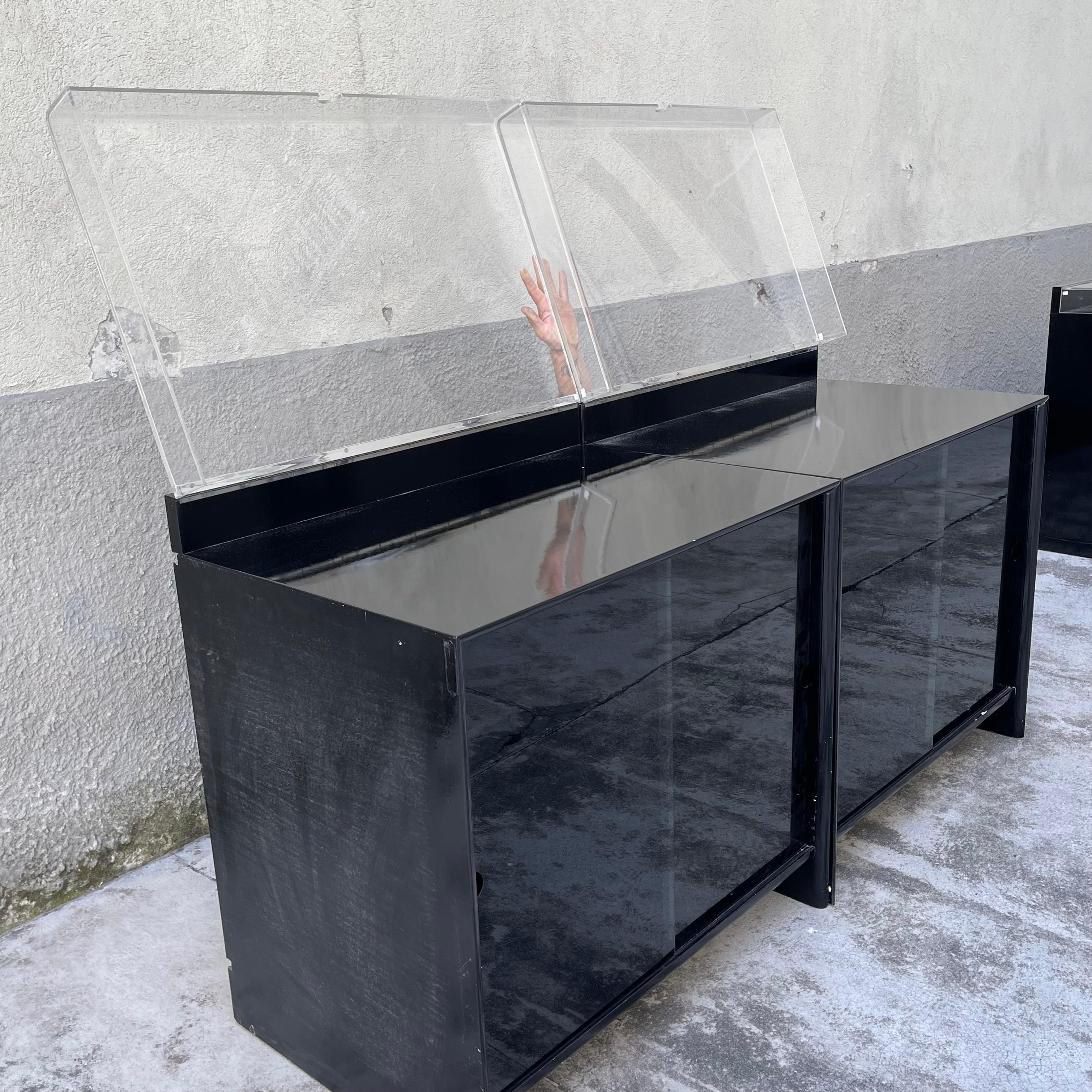 Smoked Glass Display Cabinets in Black Lacquered Wood and Top in Acrylic Glass, Italy, 1970s For Sale