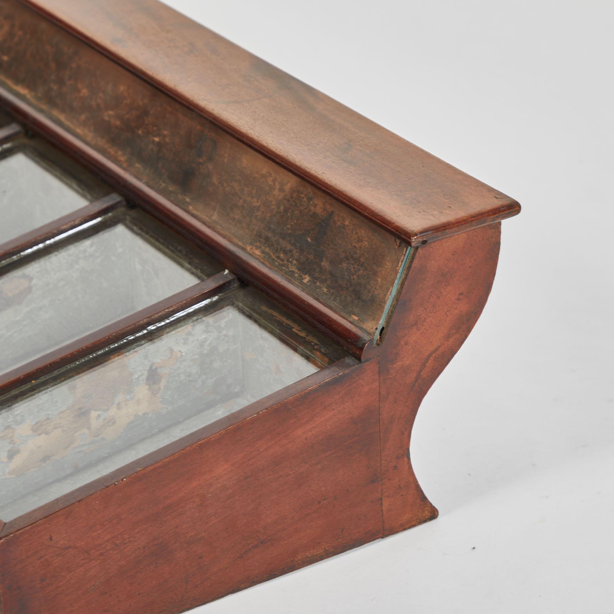 Commercial display case with mahogany siding from 1870s England. A row of five rectangular glass-lidded compartments makes a unique opportunity for the display of objects or art. 

England, circa 1870.

Dimensions: 27.5W x 13D x 8H