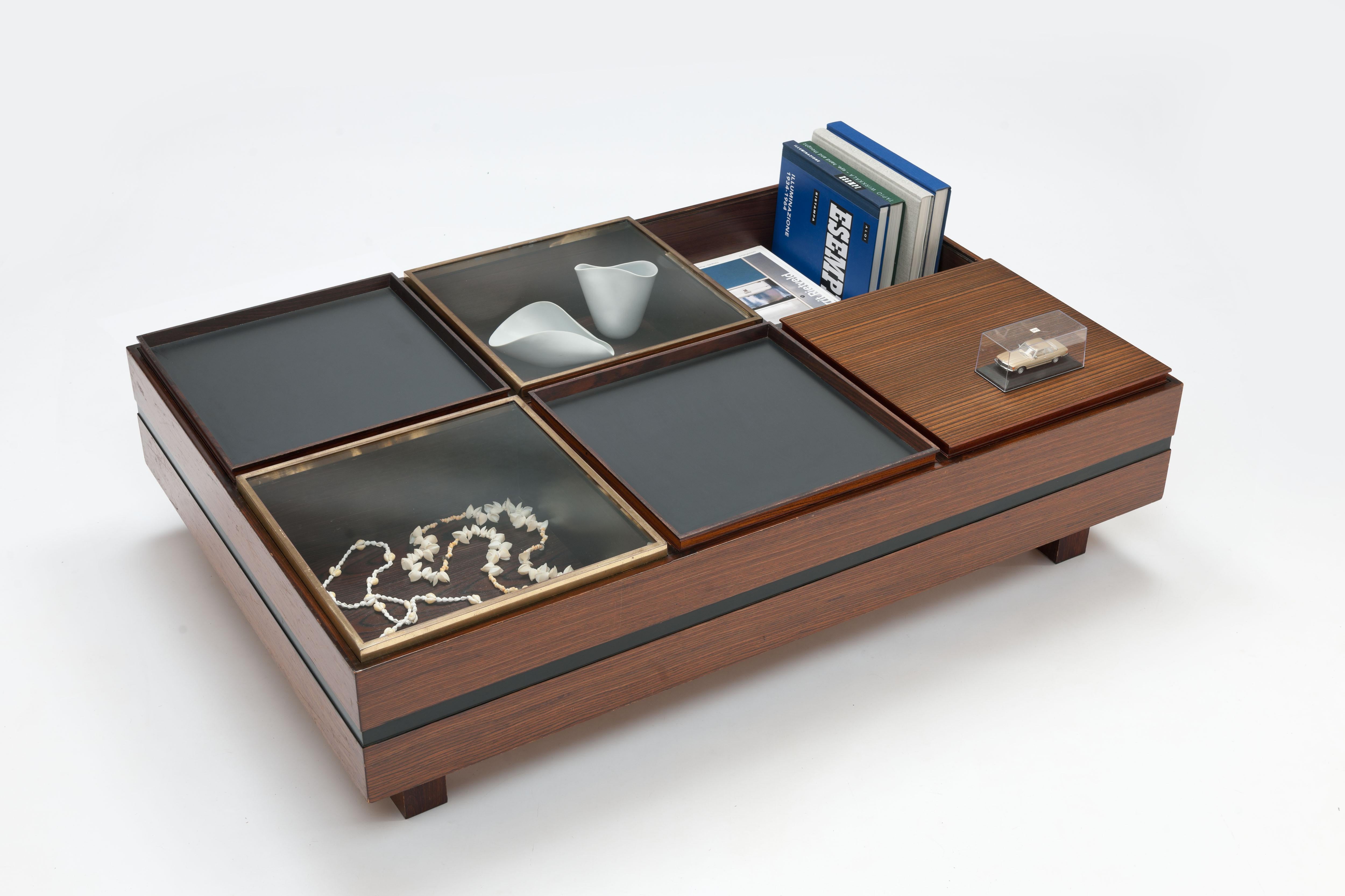 Display Coffee Table by Luigi Sormani with Trays in Wood, Black and Brass 13