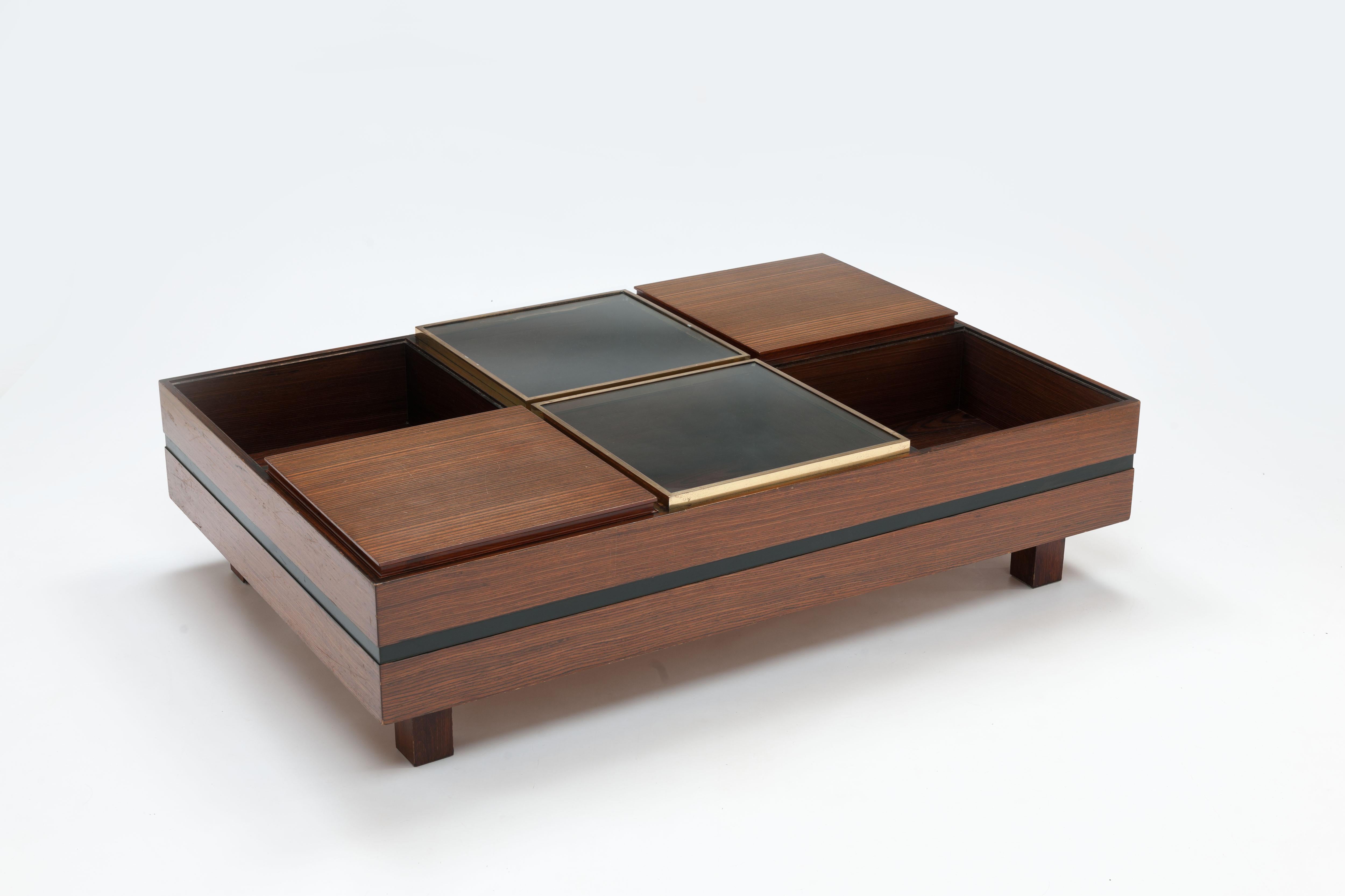 Italian Display Coffee Table by Luigi Sormani with Trays in Wood, Black and Brass