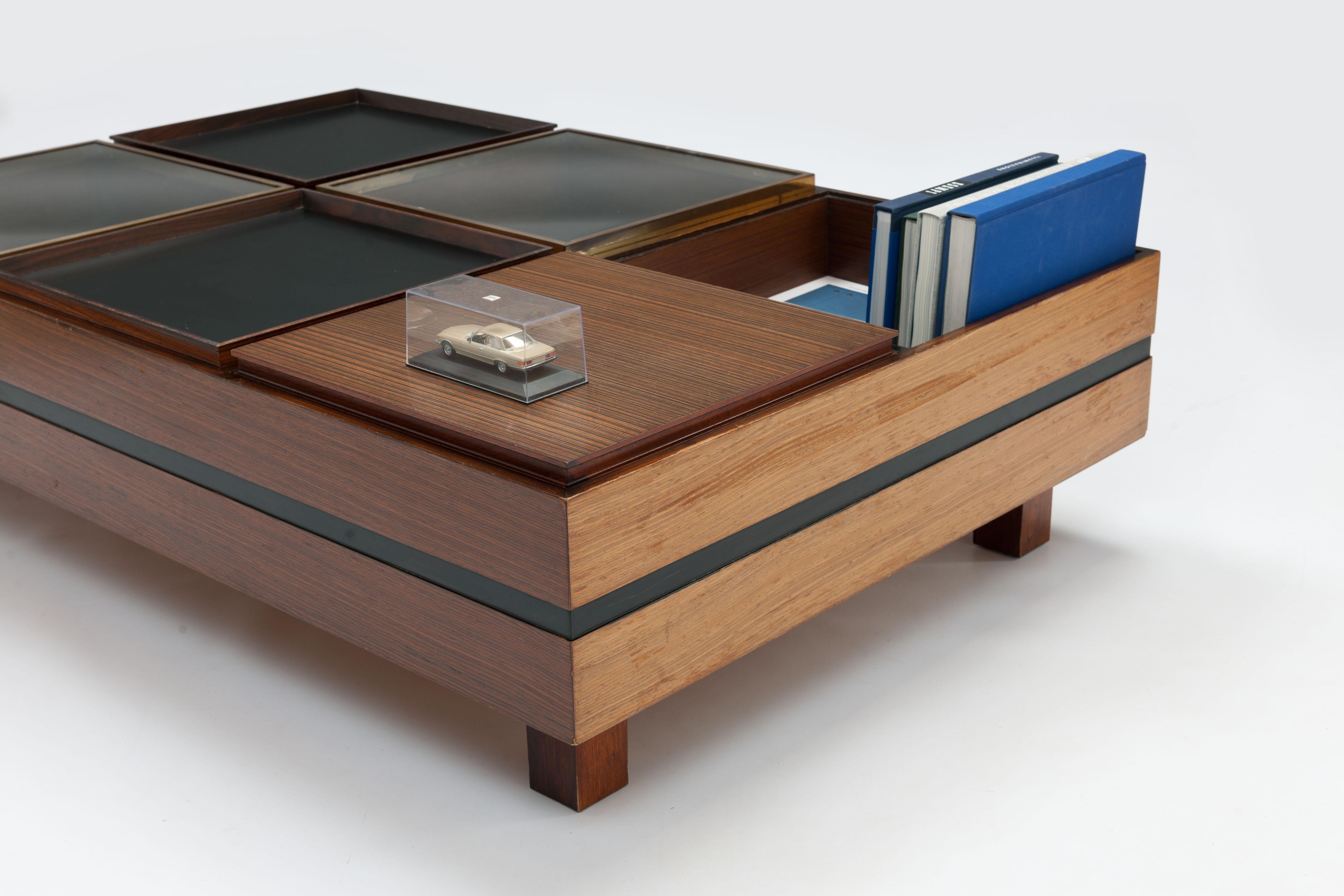 Display Coffee Table by Luigi Sormani with Trays in Wood, Black and Brass 2