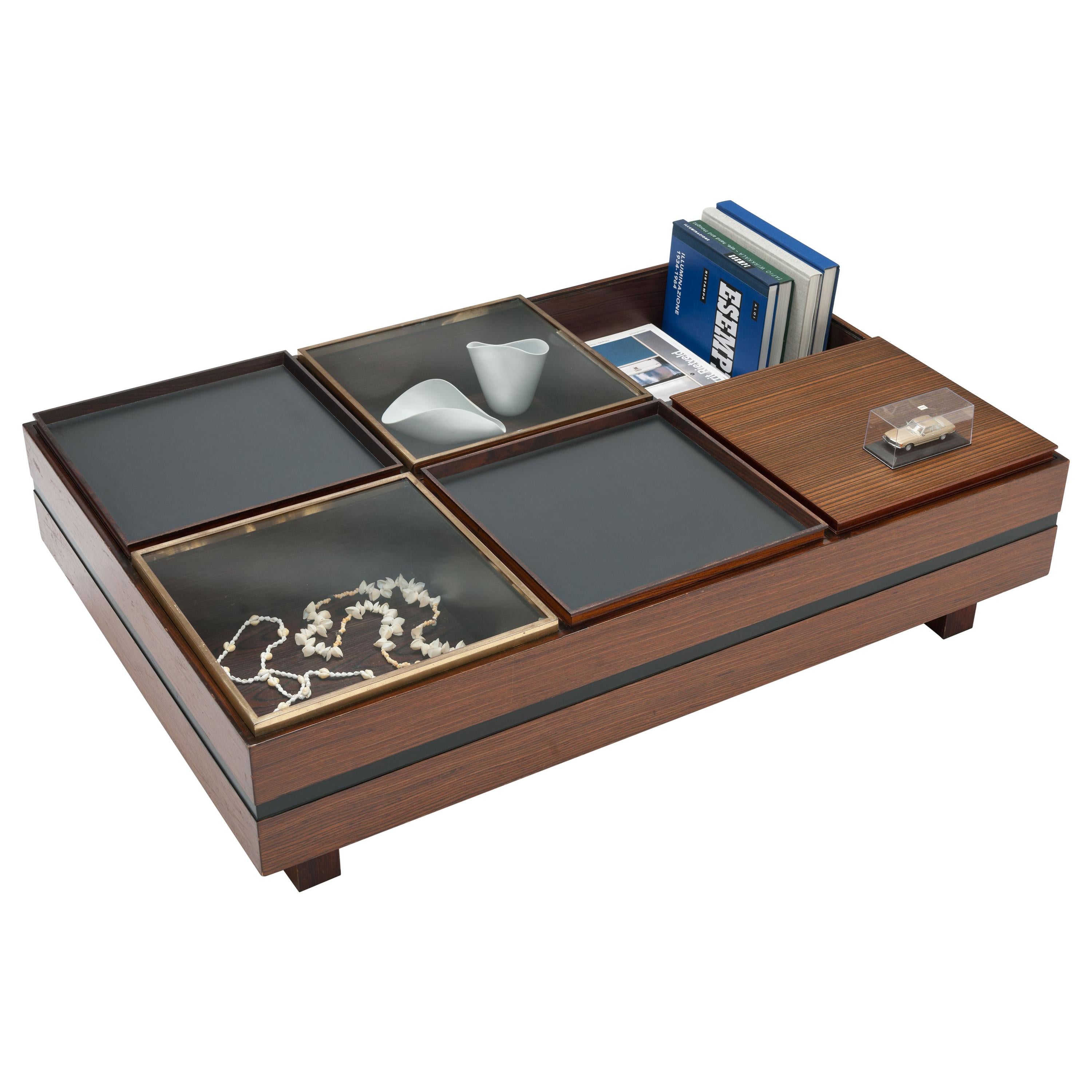 Display Coffee Table by Luigi Sormani with Trays in Wood, Black and Brass