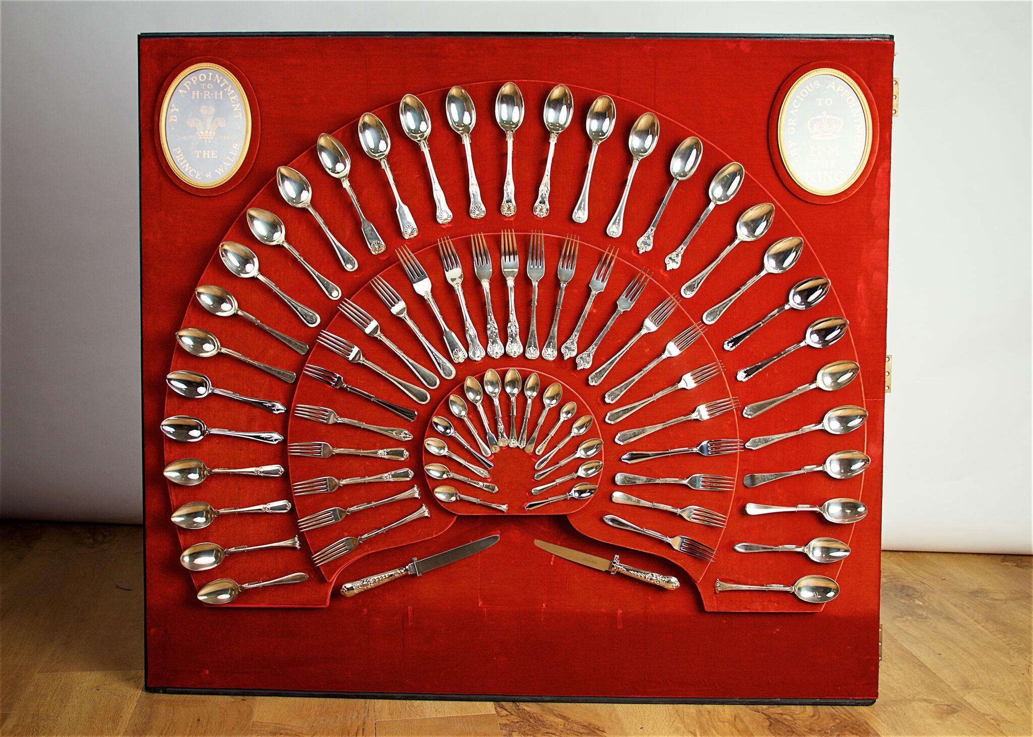 A fantastic display of silver plated cutlery by Romney in a beautiful quality bronze mounted display cabinet, circa 1920.