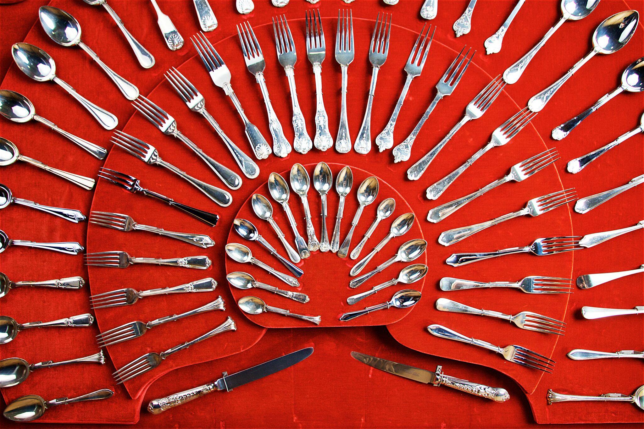 Anodized Display of Silver Plated Cutlery by Romney For Sale
