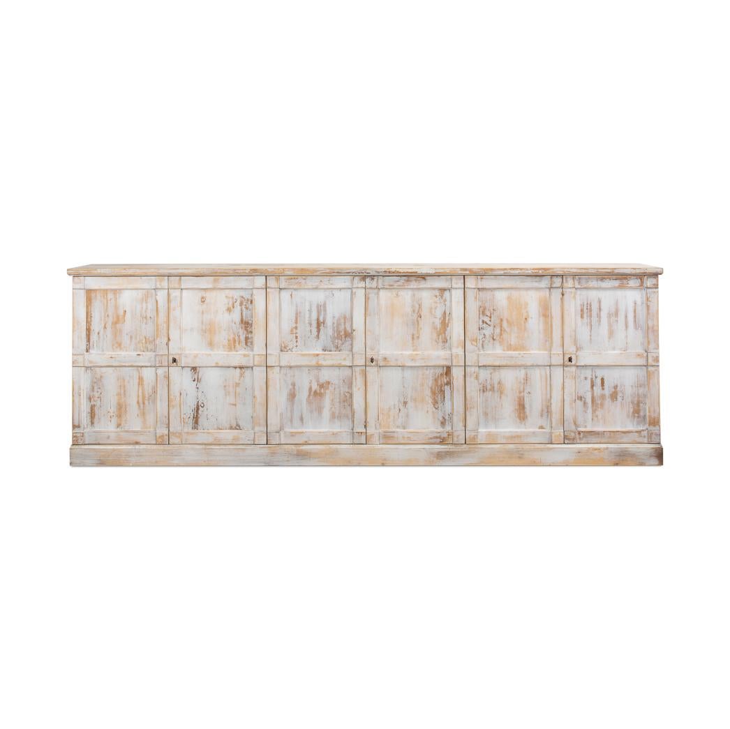 The buffet features six beautifully paneled square-framed doors, each adding a touch of classic elegance to its overall design. This traditional aesthetic is further enhanced by the antique painting technique, imbuing the piece with a sense of